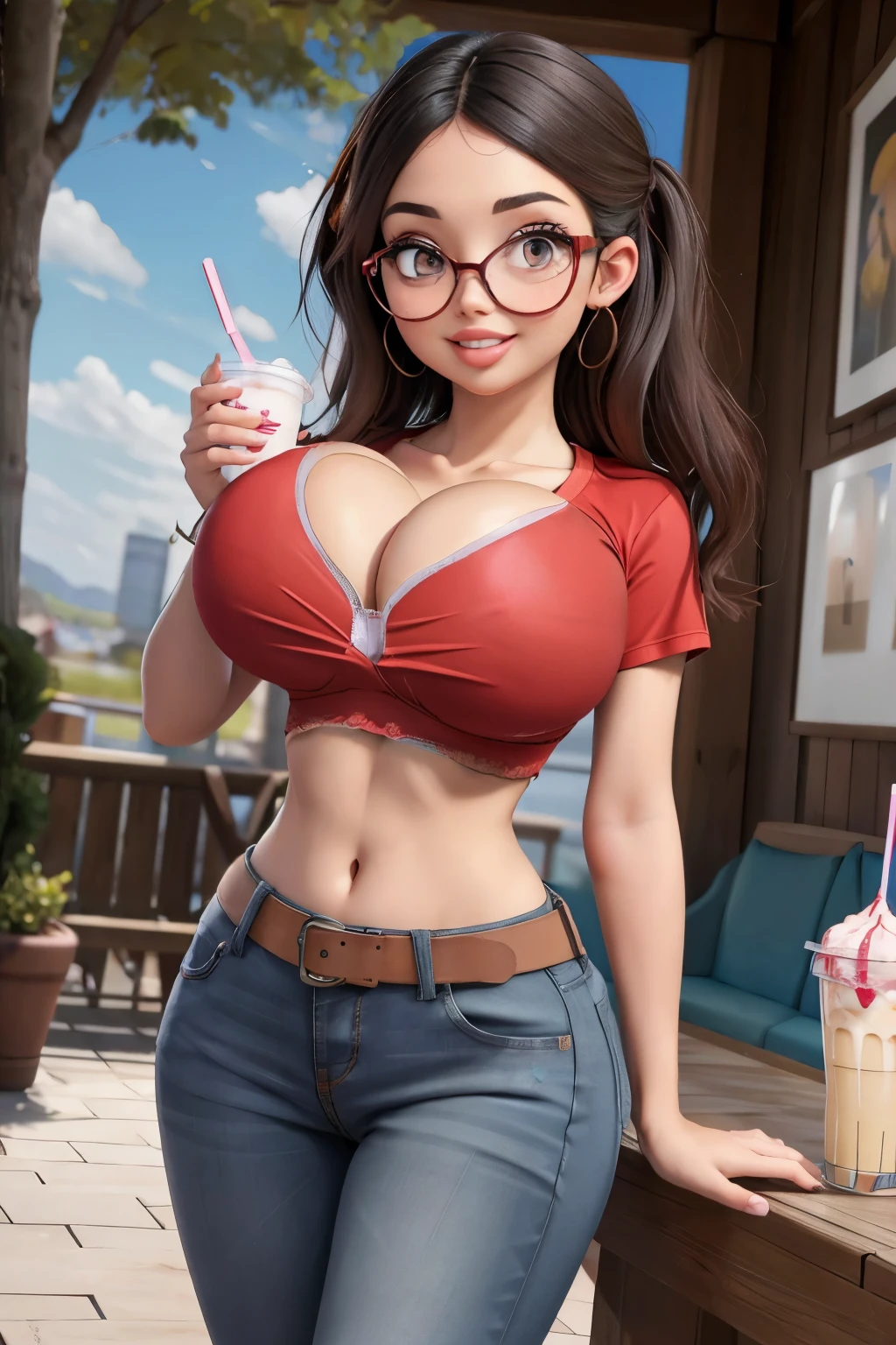 (8k, RAW photo, best quality, masterpiece:1.2), (intricate details), perfect eyes, perfect face, perfect lighting, beautiful, (masterpiece:1.2), (best quality:1.2), 1girl, solo, alya, glasses, brown eyes, happy face, beauty spot, adult torso, ((((massive H cup breasts)))), wide hips, extreme hourglass figure, Tall, long torso, (jeans, red t-shirt), holding a milkshake, cowboy shot, 3DMM