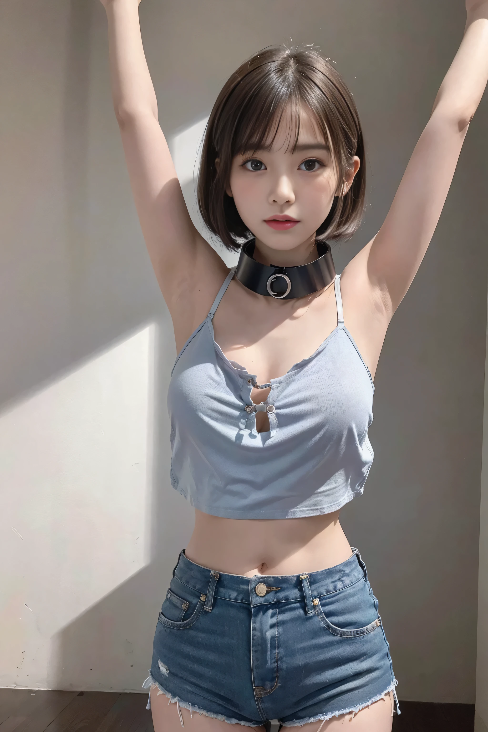 (8 times_NMKD-Super Scale_150000_G),(8K, super high quality,highest quality),(masterpiece:1.5),(white background),(Front-facing body),(cowboy shot),(girl),(18-year-old),((raise your arms, Raise your hand:1.5)),(stand up straight),(iron collar:1.5),(short hair),(camisole,panties),18-year-oldの日本人少女が下着姿で両raise your arms拘束される.