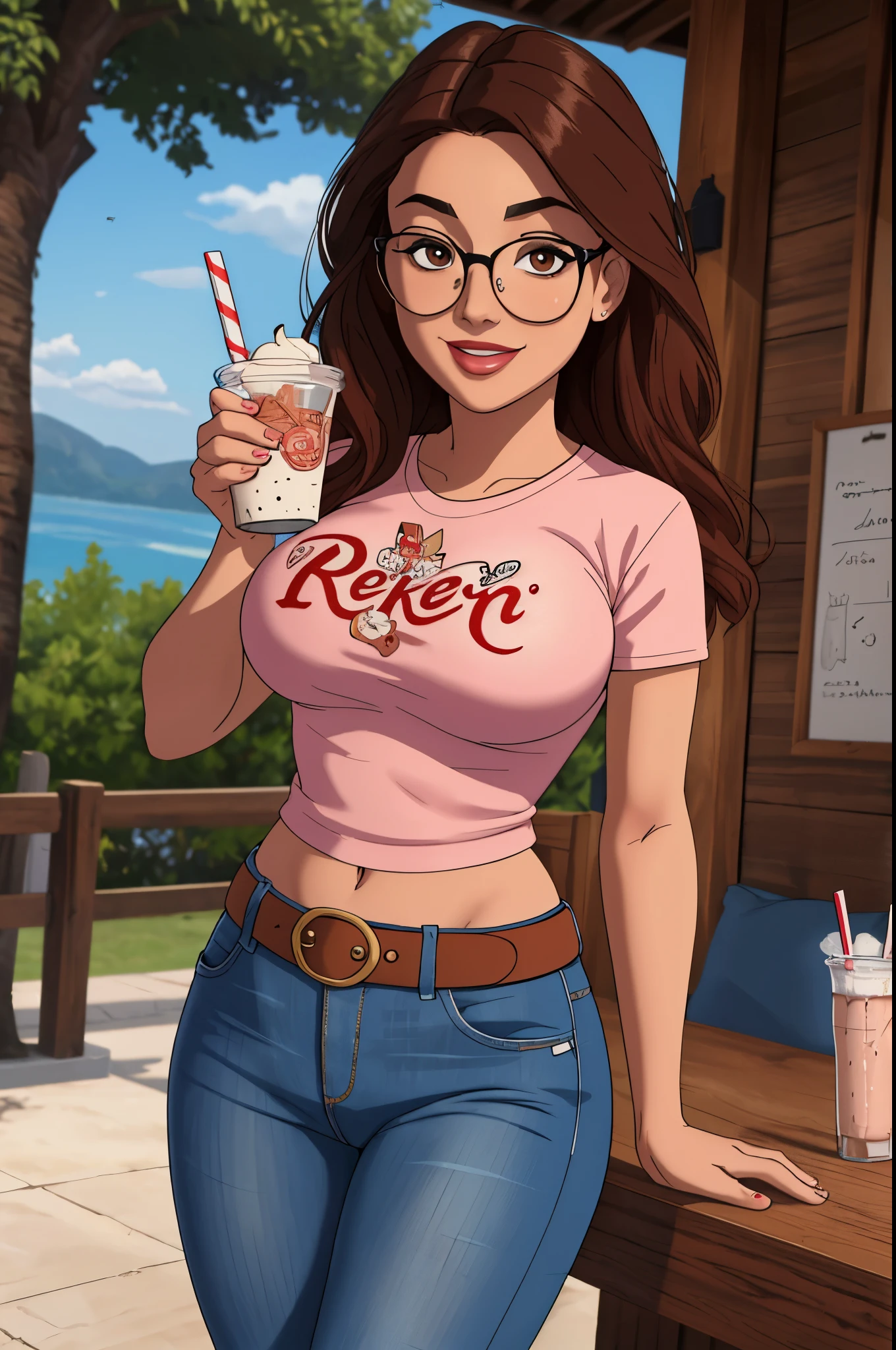 (8k, RAW photo, best quality, masterpiece:1.2), (intricate details), perfect eyes, perfect face, perfect lighting, beautiful, (masterpiece:1.2), (best quality:1.2), 1girl, solo, alya, glasses, brown eyes, happy face, beauty spot, adult torso, massive breasts, (jeans, red t-shirt), holding a milkshake, cowboy shot, 3DMM