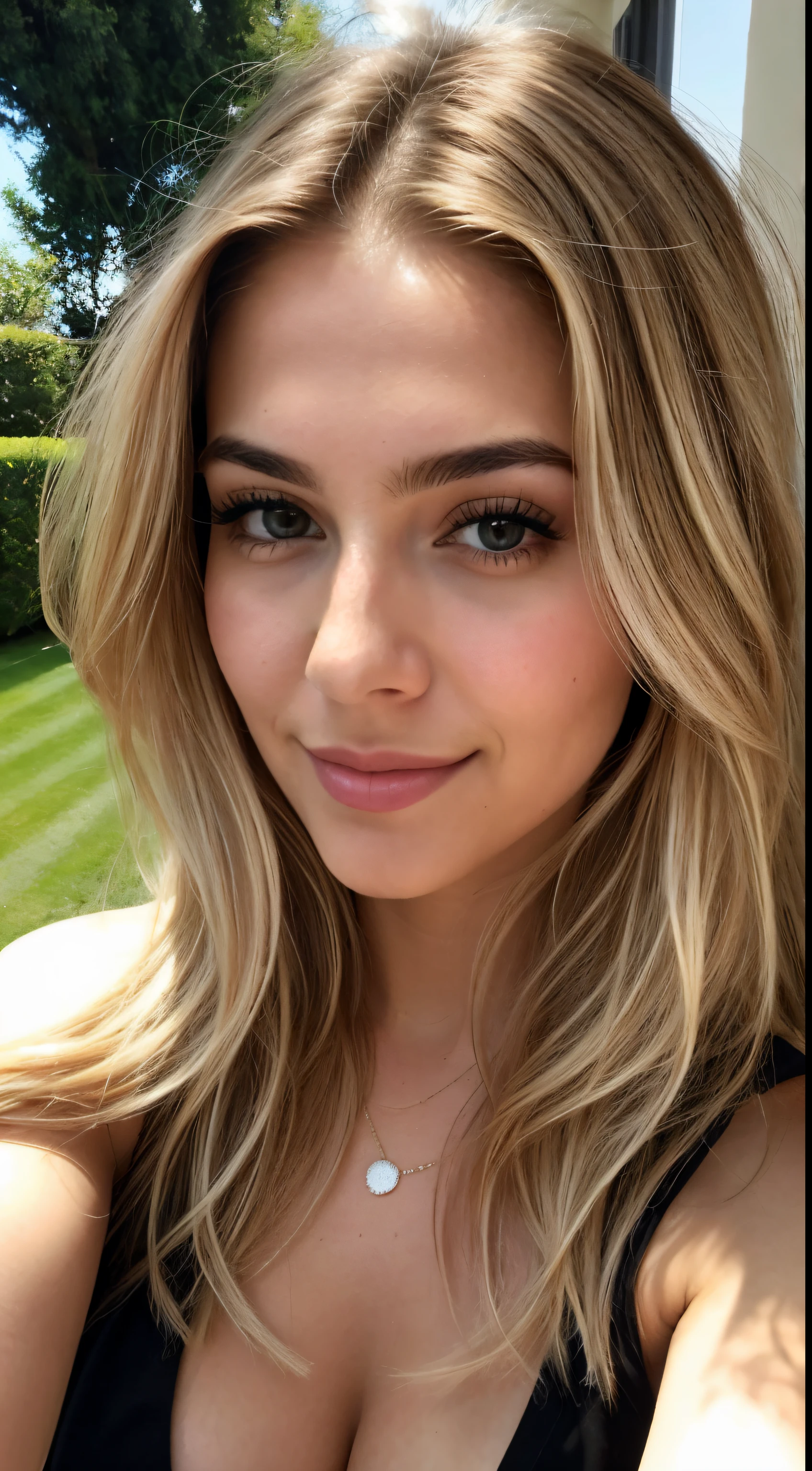 A 23 year old blonde woman, ((big )), ((Hyperrealismus)) ,. Blondes Haar mit braunem Ansatz. blondes Haar, Haare mit braunen Wurzeln, extra langes Haar, sehr langes Haar, wirklich lange Haare, Nice, Vorderansicht, Selfie, Mit dem iPhone aufgenommenes Foto, elegantes schwemd mit Escote, escotada, Selfie in the garden, Good quality, Selfie iPhone, Dekollete