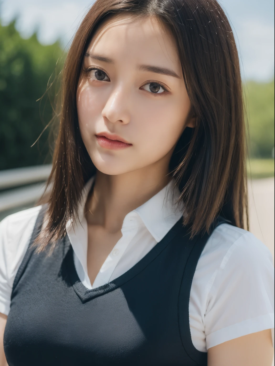 ((Realistic light, best quality, 8k, masterpiece:1.3)), sharp focus:1.2, 1 girl, Beautiful woman with perfect figure:1.4, slim abs:1.1, ((dark brown hair)), (tight vest:1.4）,（Exterior，During the day：1.1），highway landscape，Super thin face，beautiful eyes，double eyelids，exercise