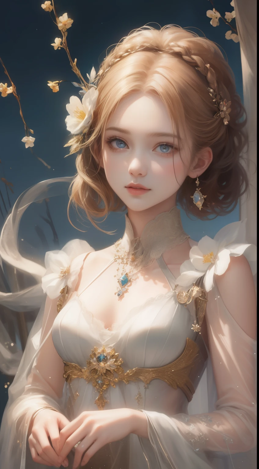 (best quality,masterpiece:1.2),18-year-old noble girl's beautiful portrait,classic braided hair,bright and clear eyes,flower arrangement craft,crystal jewelry,ultra-fine details,soft lighting,portrait style,vibrant colors