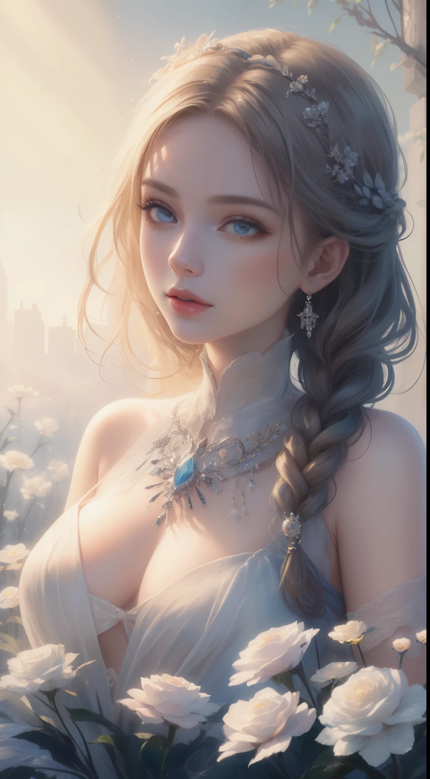 (best quality,masterpiece:1.2),18-year-old noble girl's beautiful portrait,classic braided hair,bright and clear eyes,flower arrangement craft,crystal jewelry,ultra-fine details,soft lighting,portrait style,vibrant colors