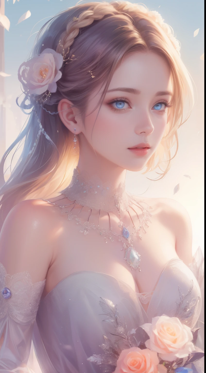 (best quality,masterpiece:1.2),18-year-old noble girl's beautiful portrait,classic braided hair,bright and clear eyes,flower arrangement craft,crystal jewelry,ultra-fine details,soft lighting,portrait style,vibrant colors