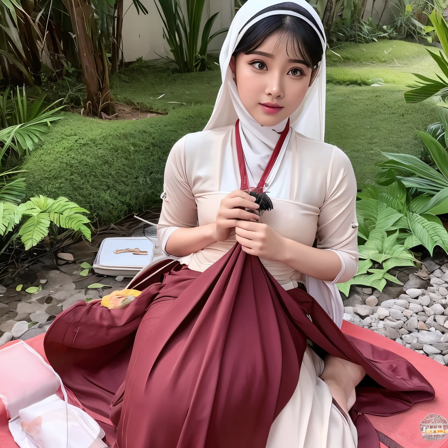 Meme cantik senyum bahagia sedang birahi, foto seluruh tubuh, payudara kencang basah, paha terbuka lebar terlihat bibir vagina dibuka, keluar sperma lendir putih dari lubang vagina merah
