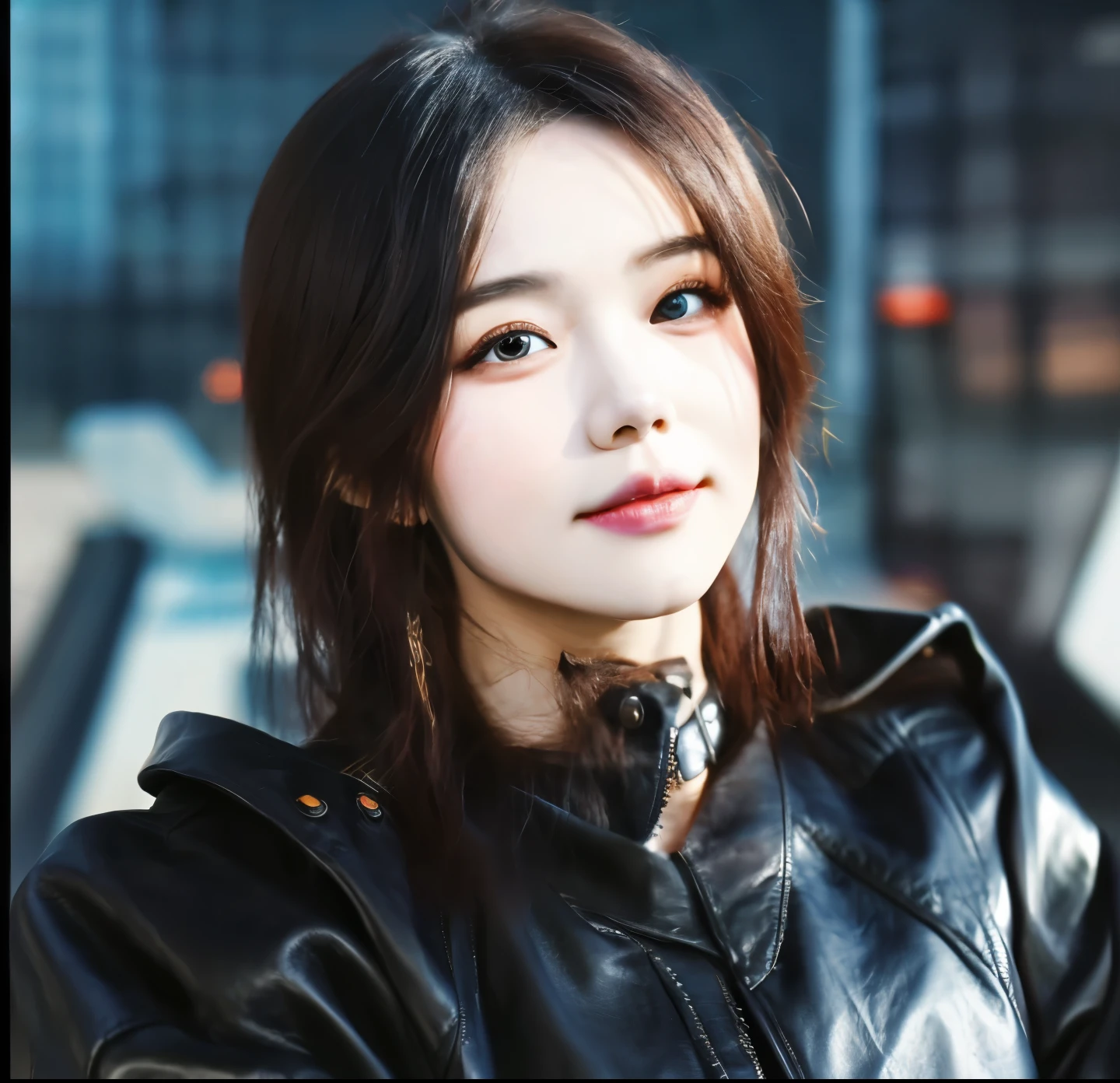 Ultra realistic girl, a close up of a woman in a leather jacket looking at the camera, iu lee ji-eun as a super villain, beautiful girl face, ,, wearing cyberpunk leather jacket, by Yang J, , 8k artgerm bokeh, inspired by Leng Mei, kanliu666, xision wu