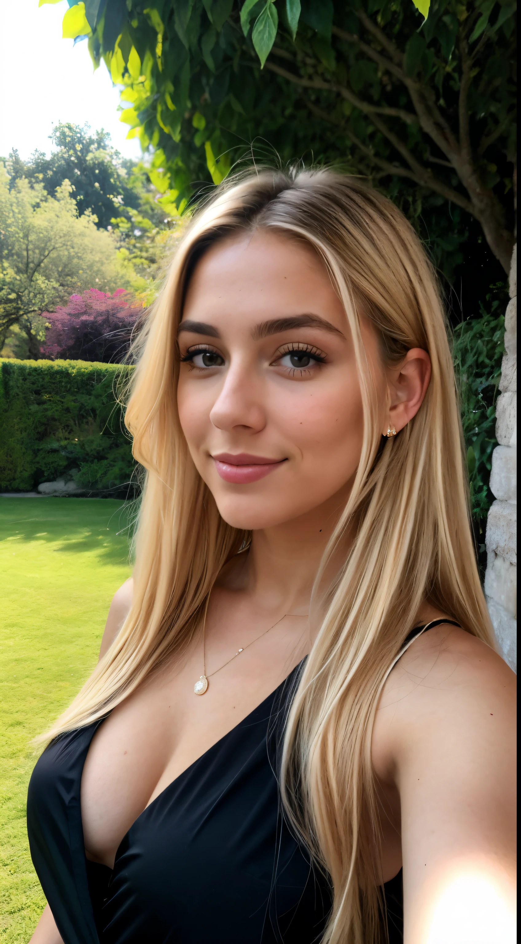 A 23 year old blonde woman, ((big )), ((Hyperrealismus)) ,. Blondes Haar mit hellbraunem Ansatz. blondes Haar, Haare mit braunen Wurzeln, extra langes Haar, sehr langes Haar, wirklich lange Haare, Nice, Vorderansicht, Selfie, Mit dem iPhone aufgenommenes Foto, elegantes schwarzes Hemd mit Escote, escotada, Selfie in the garden, Good quality, Selfie iPhone, Dekollete