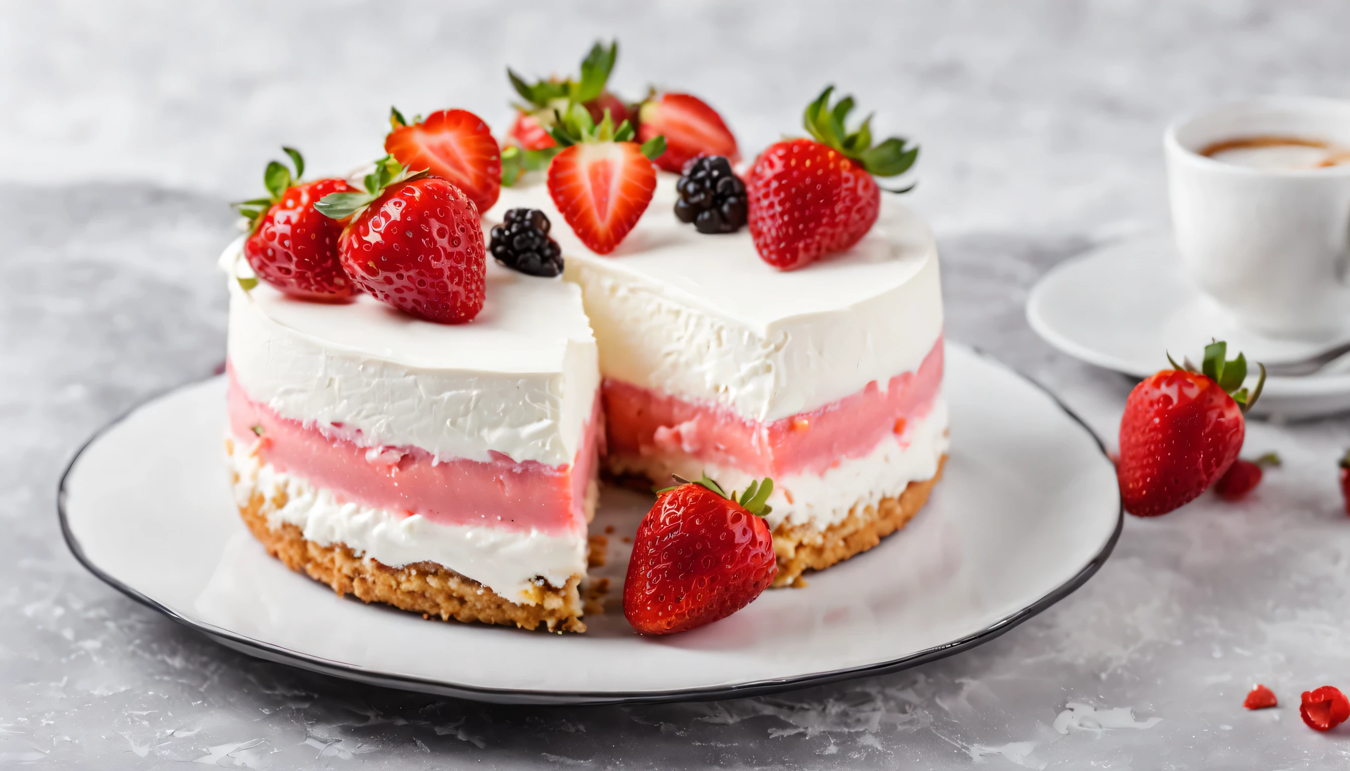 valentine strawberry cheese cake with white cream, black background, white table, white campus