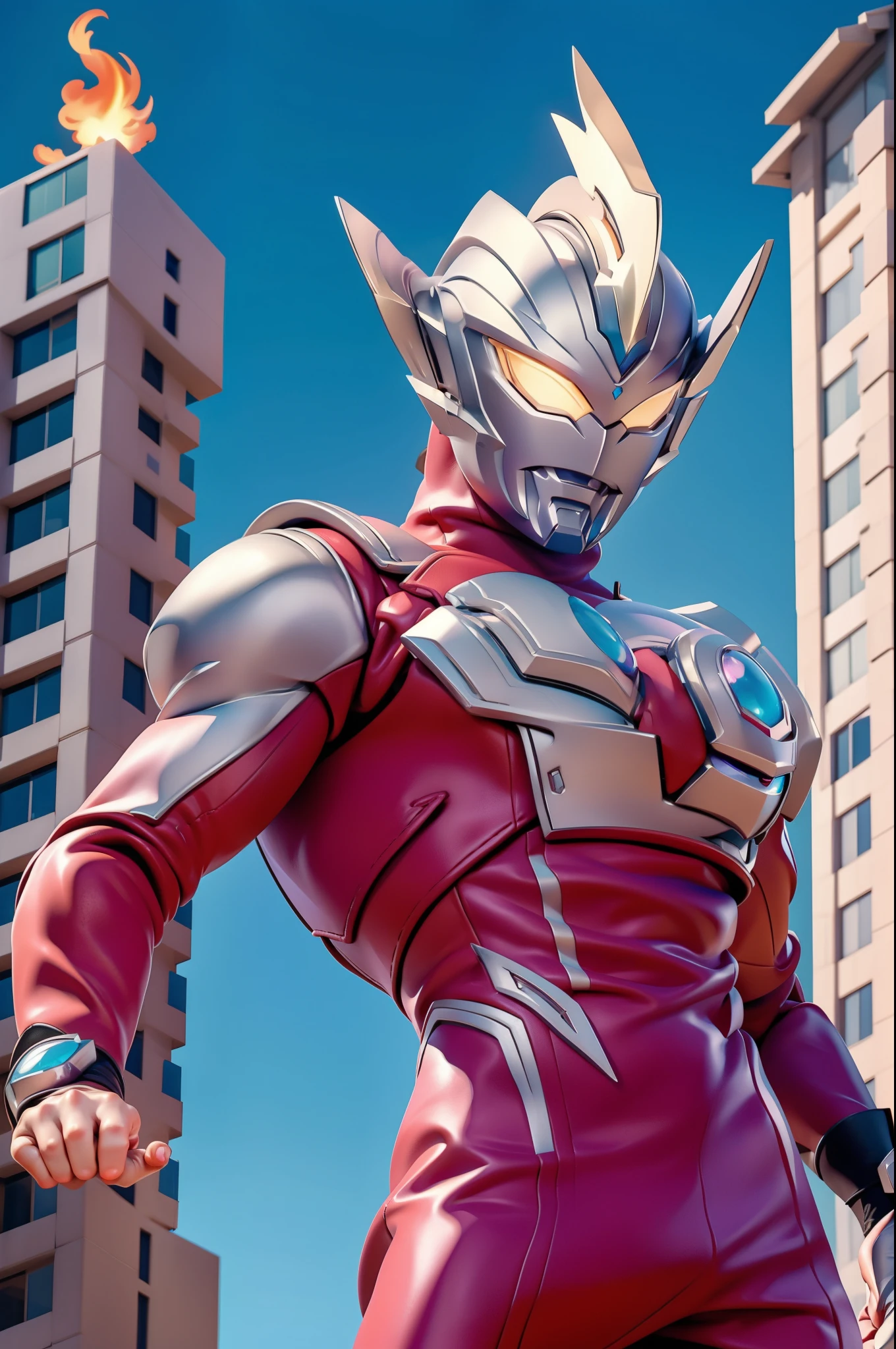 (masterpiece, best quality), 1giant man, from below, ultraman, fire effect, shiniy skin, (buring urban city), fighting pose, dynamic angle, dynamic effect 