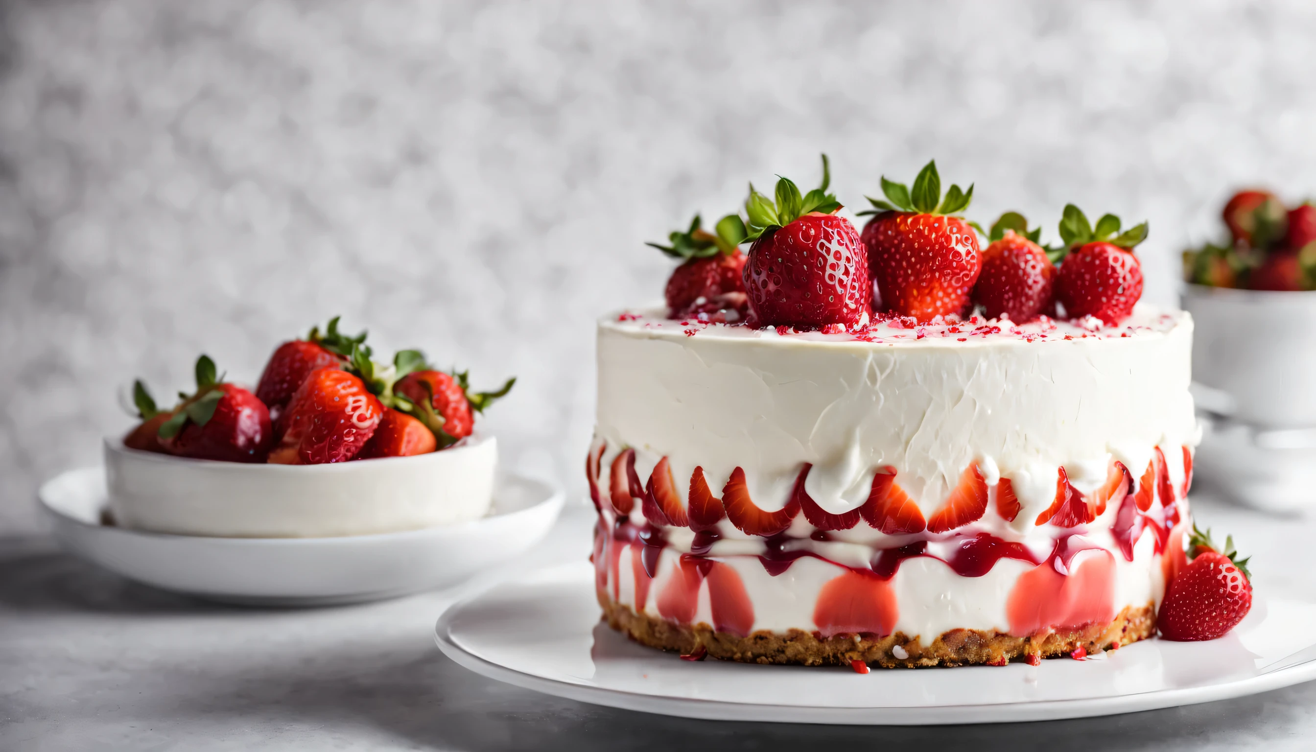 valentine strawberry cheese cake with white cream, black background, white table, white campus