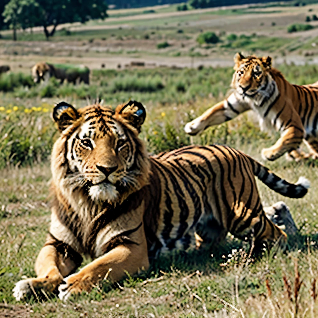 Lions and tigers frolic on the grassland