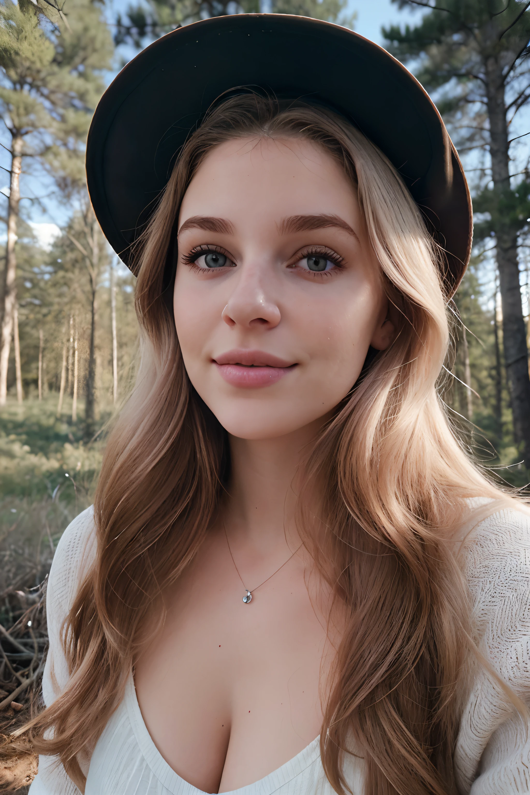 Foto Instagram, Close-up of a 23 year old's face.o Chloe, light-skinned, (Smile:0.4), harte Schatten, im Wald, (Schauen Sie sich die Landschaft an), sexy cleavage outfit