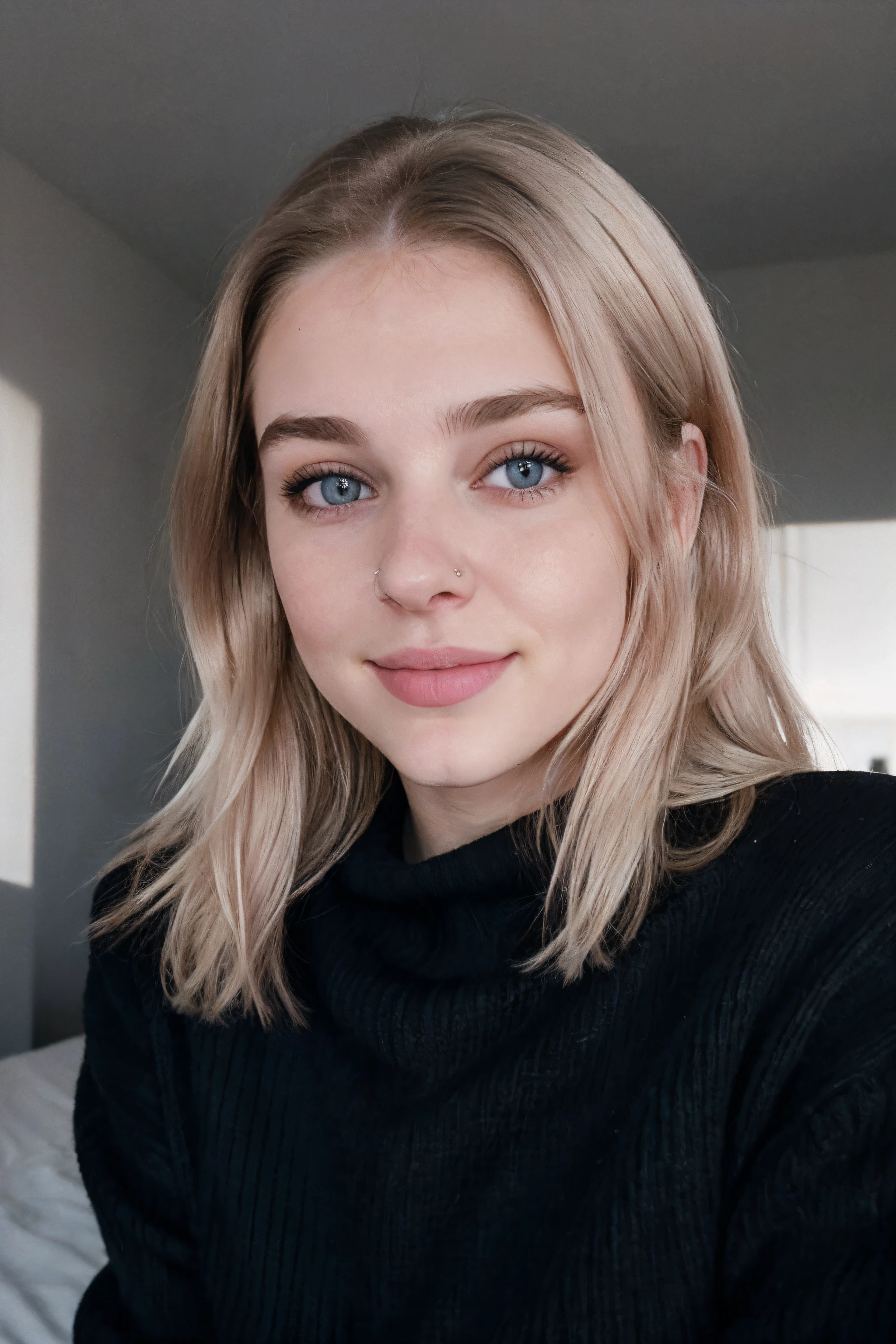 Foto Instagram, Close-up of a 23 year old&#39;s face.o Chloe in einem schwarzen Pullover, light-skinned, (Smile:0.4), harte Schatten