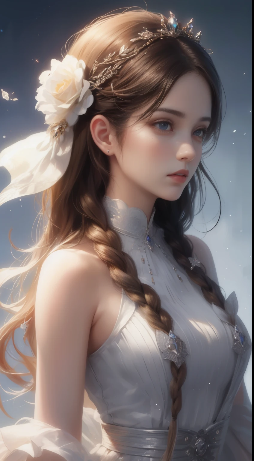 (best quality,masterpiece:1.2),18-year-old noble girl's beautiful portrait,classic braided hair,bright and clear eyes,flower arrangement craft,crystal jewelry,ultra-fine details,soft lighting,portrait style,vibrant colors