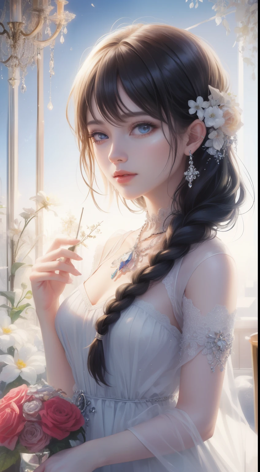 (best quality,masterpiece:1.2),18-year-old noble girl's beautiful portrait,classic braided hair,bright and clear eyes,flower arrangement craft,crystal jewelry,ultra-fine details,soft lighting,portrait style,vibrant colors
