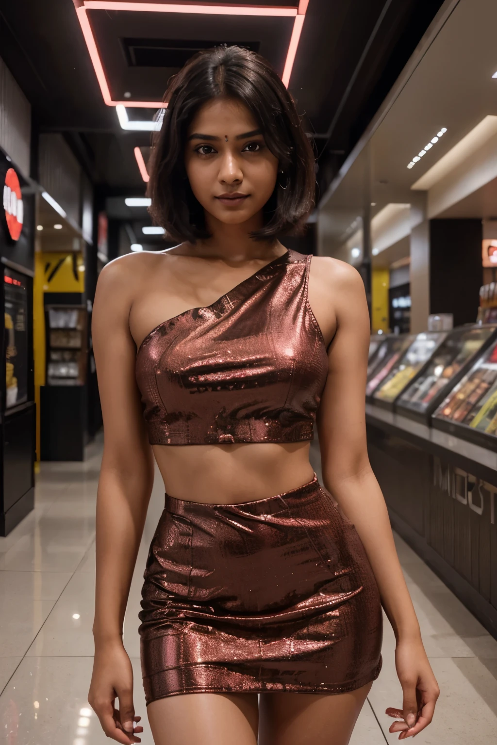 photo of extremely sexy indian girl, 25yo mallu girl, woman as a sexy student, modelshoot style, (extremely detailed CG unity 8k wallpaper), photo of the most beautiful artwork in the world,  trending on CGSociety, Intricate, High Detail, Sharp focus, dramatic, photorealistic painting art by midjourney and greg rutkowski, (looking at viewer:1), (detailed pupils:1.3),  smiling, bob haircut,  red dress.Realism, gray background,20 year old girl,CyberpunkWorld,GdClth,shoping in mall.
