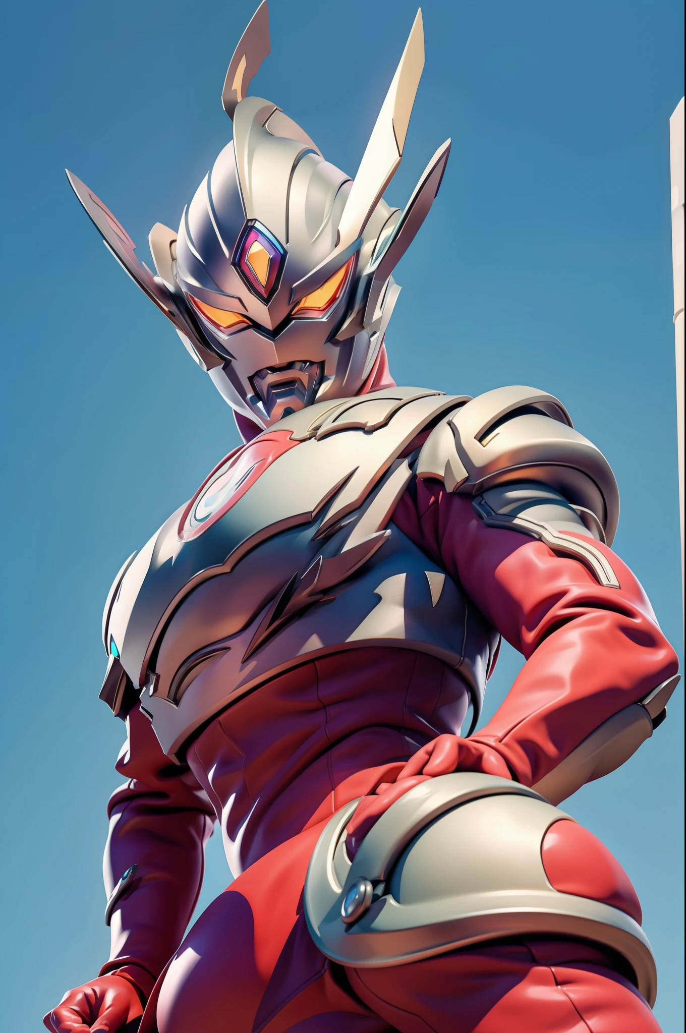 (masterpiece, best quality), 1giant man, from below, ultraman, fire effect, shiniy skin, (buring urban city), fighting pose, dynamic angle, dynamic effect 