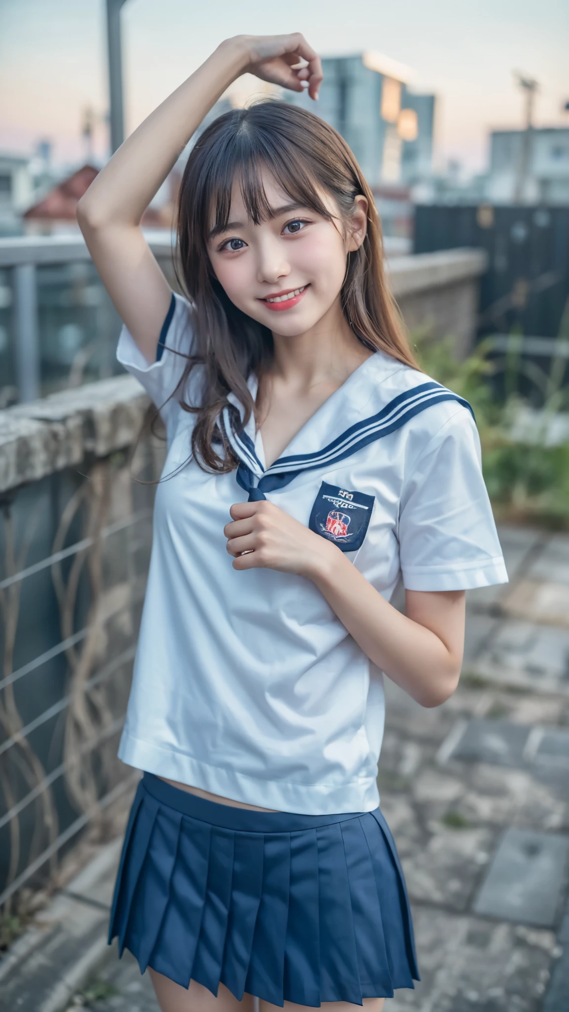(best quality, 8k, 32k, masterpiece, UHD:1.2), (RAW photo), (realistic), (photorealistic:1.2), (high resolution), huge filesize, ultra-detailed, extremely beautiful face & eyes, 1girl, japanese elementary school student,14yo, 13yo, 12yo, round small face, baby face, thin waist, large breasts, slim proportions, thin thighs, (darkblue pleated mini skirt, japanese sailor, sailor fuku, serafuku, japanese school sailor suit), nice hands, perfect hands, accurate hand depiction, perfect thumb & fingers, sweaty, shy smile, pure white teeth, from below, cyberpunk,