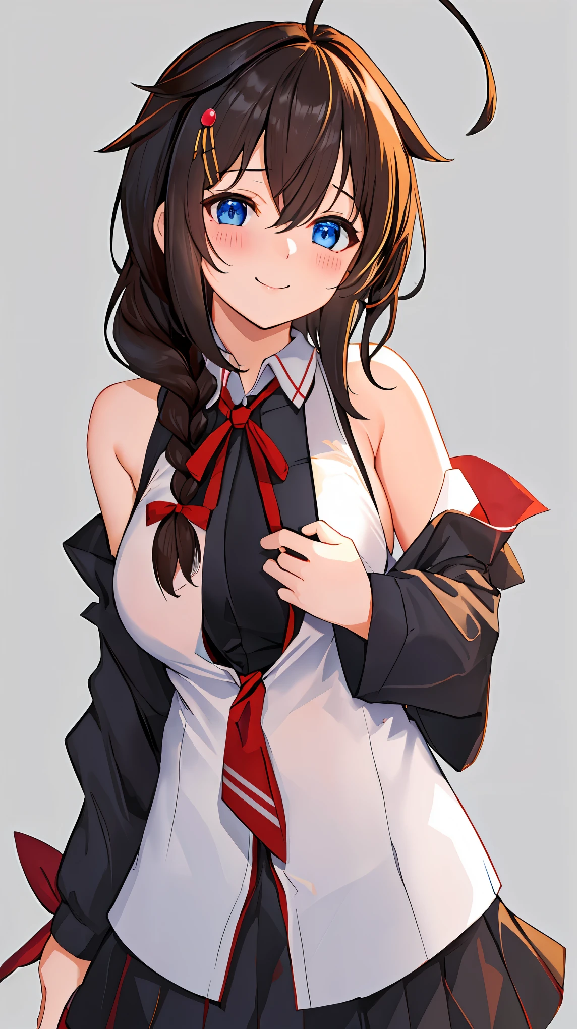 best quality, masterpiece, highres, solo, {shigure_kantaicollection:1.15}, long_hair, blue_eyes, ahoge, hair_flaps, braid, single_braid, hair_ornament, brown_hair, blush, black_hair, smile, hair_between_eyes, breasts, 1girl, hair_over_shoulder, looking_at_viewer, official_alternate_costume, red_ribbon, ribbon, shirt, simple_background, sleeveless, sleeveless_shirt, bare_shoulders, black_shirt, off-shoulder_shirt, off_shoulder, turtleneck, upper_body, bangs, hair_ribbon, long_sleeves, neck_ribbon, closed_mouth, grey_background