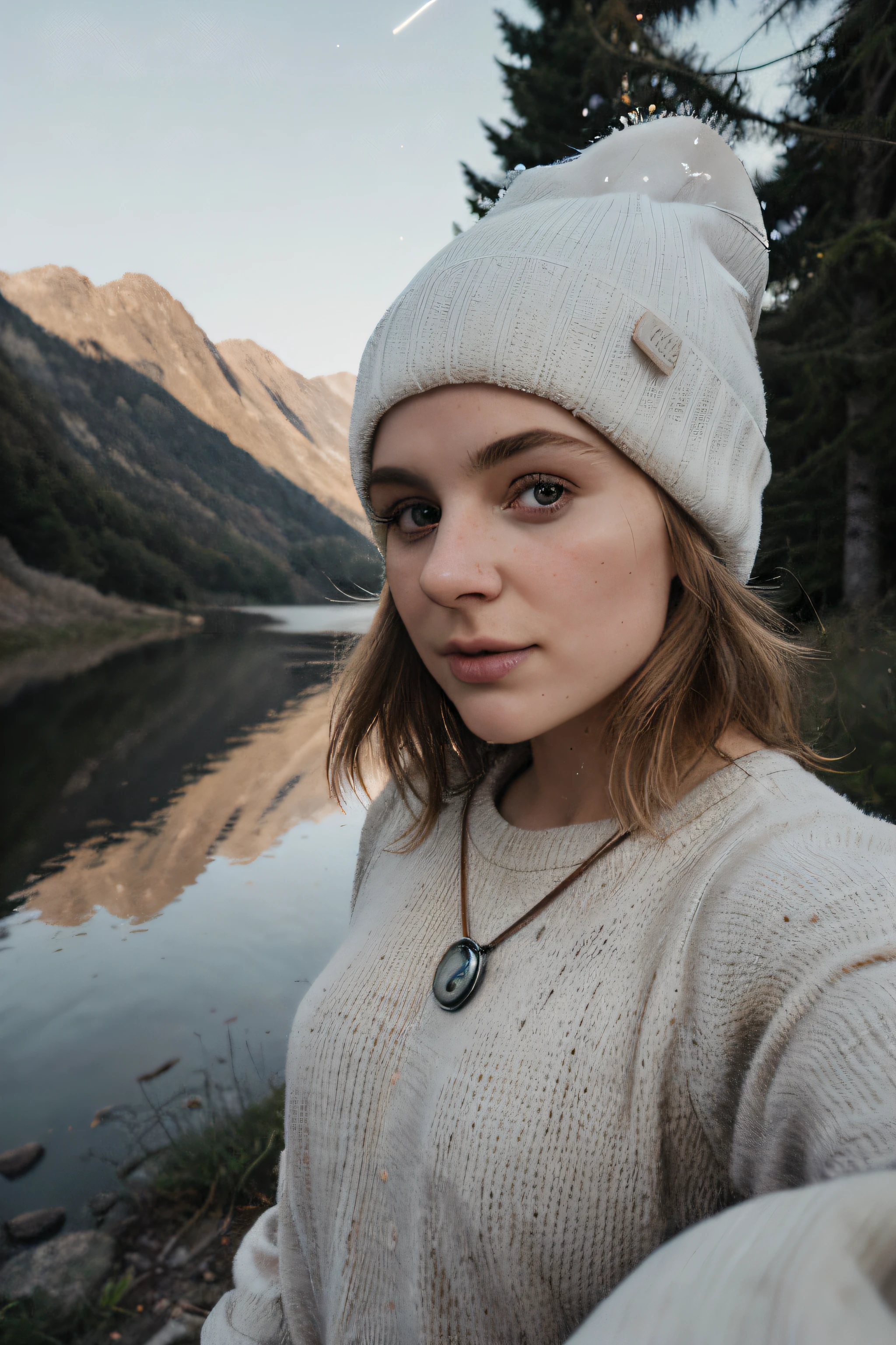 Foto Instagram, Close-up of a 23 year old's face. Chloe, light-skinned, fotorealistisch, best quality, hyperdetailliert, Beautiful woman, Foto-Selfie, upper body, nur, Einen Pullover tragen, aus, (Nacht), Berge, Die Natur des wirklichen Lebens, Sterne, Mond, (capable, Inhalt), Schlafsack, Handschuhe, Pullover, Cap, Fackel, Wald, Felsen, Fluss, Trinken, Rauch, Delle, klarer Himmel, Analoger Stil (Smile:0.4), Schau runter, Hauttextur, Filmkorn, big plan, Ultra high resolution, bester Schatten, .ROH, Instagram-LUT