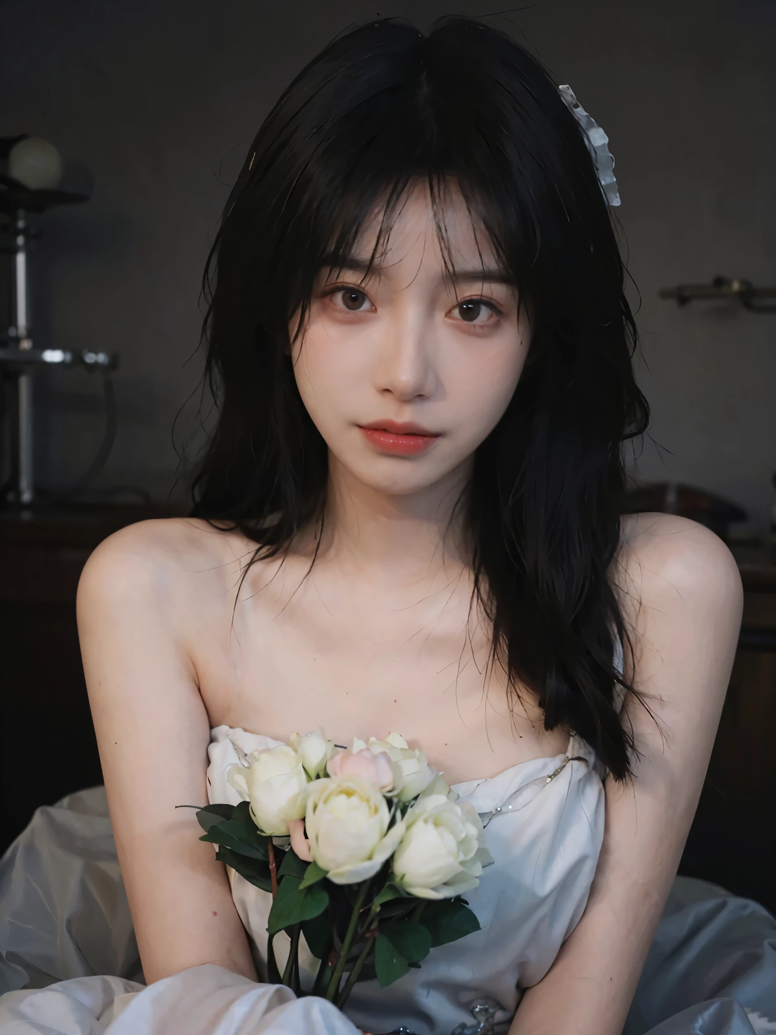 Film portrait photography, 2 girls, bare shoulders, Shoulder length wavy hair, white wedding dress, (Realistic and detailed eyes, natural skin texture, Realistic facial details), Soft dramatic lighting, depth of field, Bokeh, Vibrant details, Detailed and detailed, surreal, 35mm film, hazy, ,self-shot,