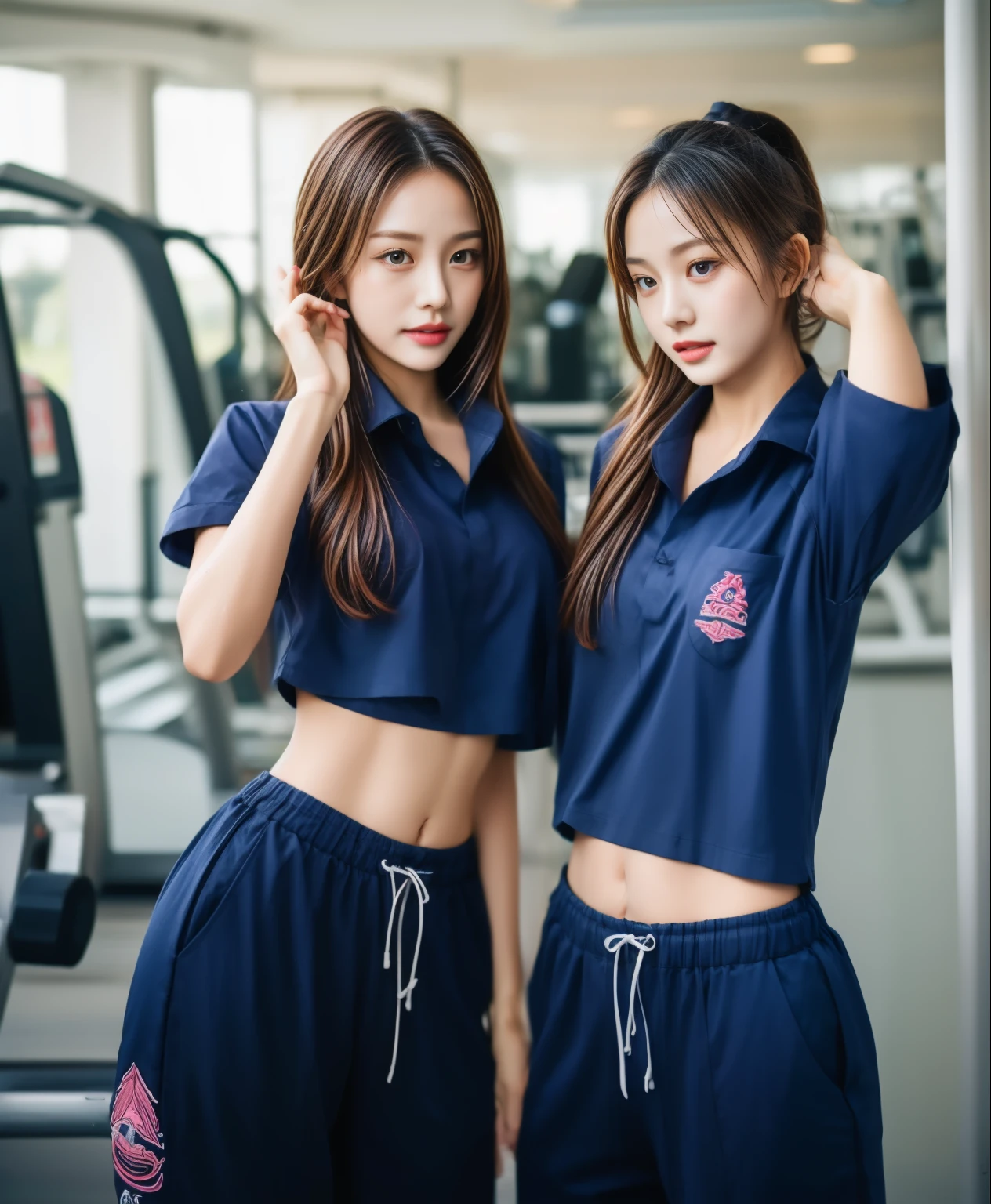 3 girls in fitness center, Navy blue short-sleeved shirt,Navy Long Trackpant,Sweatpants, Sweatpantsขายาว,25 year old girl, lesbian, sexy, exercise clothes, wet body