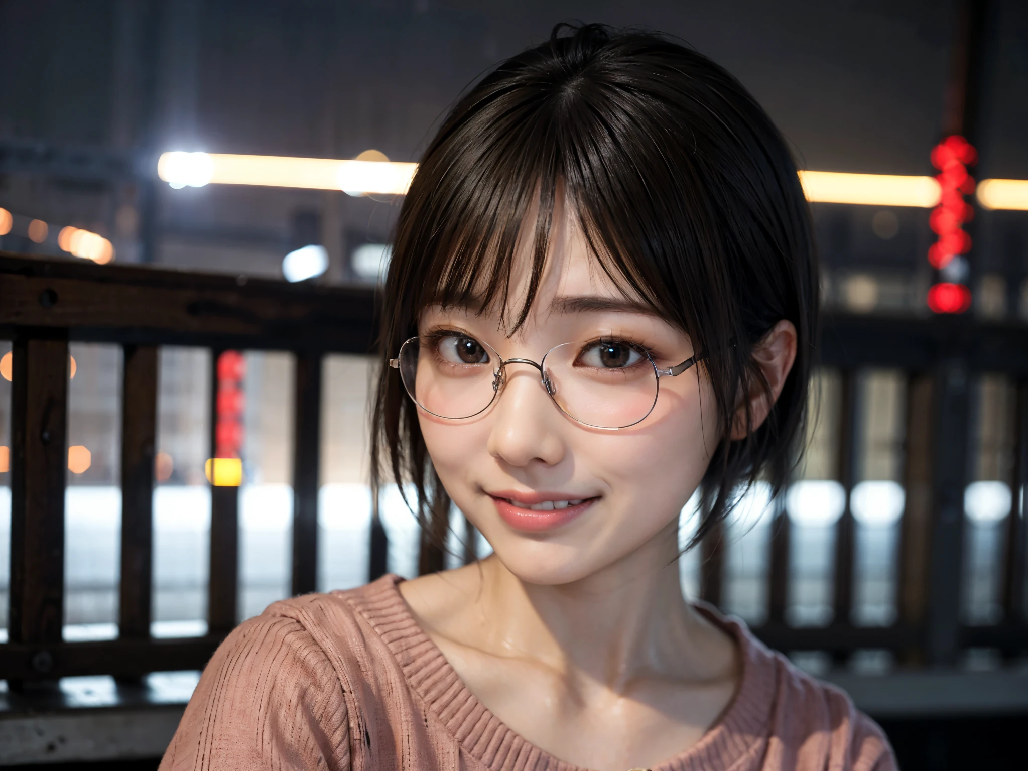 Japan girls in casual clothes、pay attention to your audience、Tokyo cityscape at night、(highest quality、master masterpiece)))、HD Fine、very detailed、master masterpiece、movie lighting、(8K、highest quality、master masterpiece:1.2)、(realistic、Photoreal:1.37) high resolution、Super detailed、woman wearing glasses、silent expression、round glasses、Asian, cute, cute顔, alone, short hair 1.2, rough skin, Beautiful smile, Beautiful and detailed night sky, night scenery, movie lighting, Depth of bounds written, lens flare light、date、(blush your nose)、、(closed your mouth)small breasts、beautiful details eyes、(sweater:1.1)、(short hair:1.2)、floating hair nova frog style、