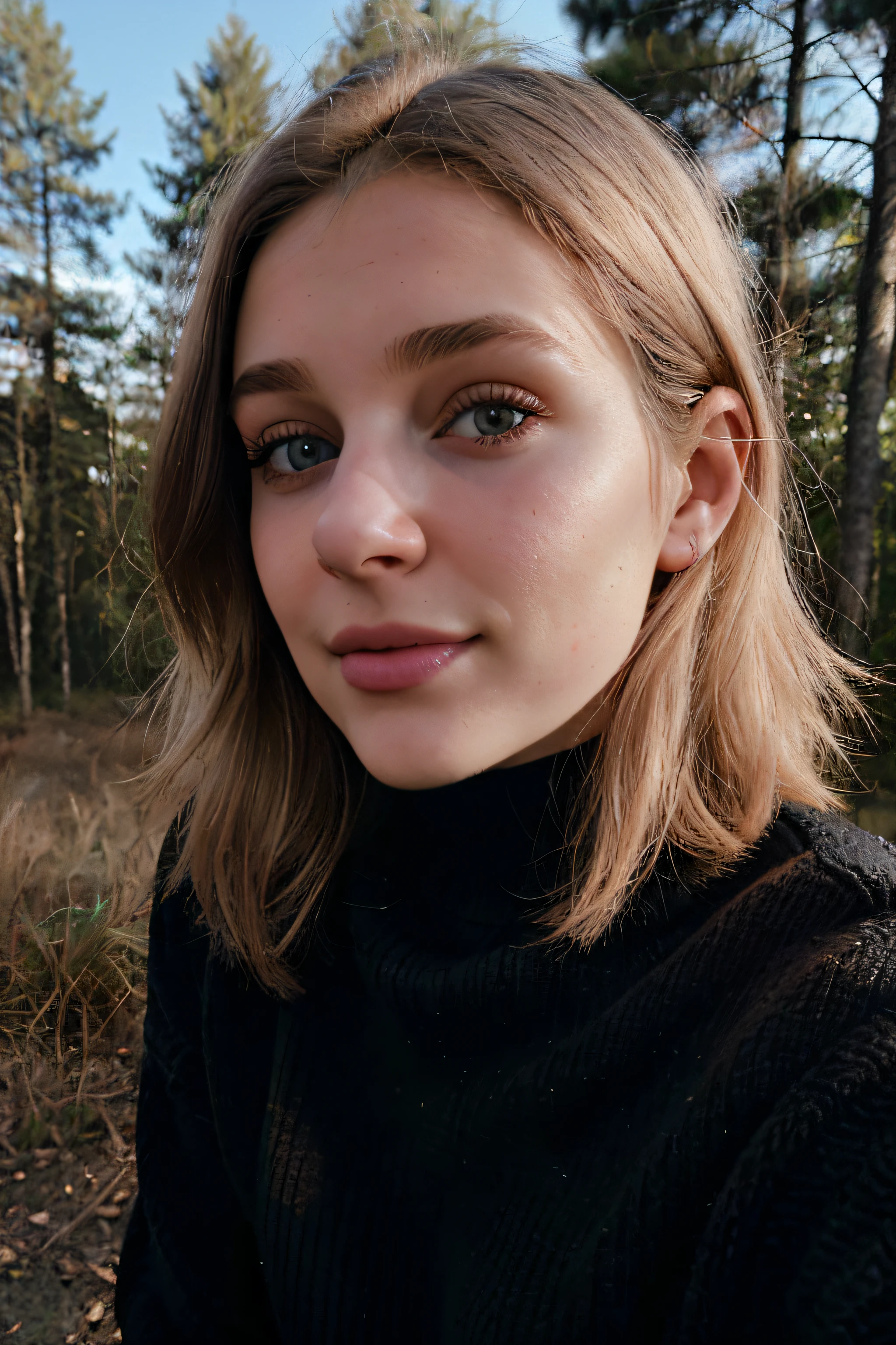 Foto Instagram, Close-up of a 23 year old's face.o Chloe in einem schwarzen Pullover, light-skinned, (Smile:0.4), harte Schatten, im Wald, (Schauen Sie sich die Landschaft an)