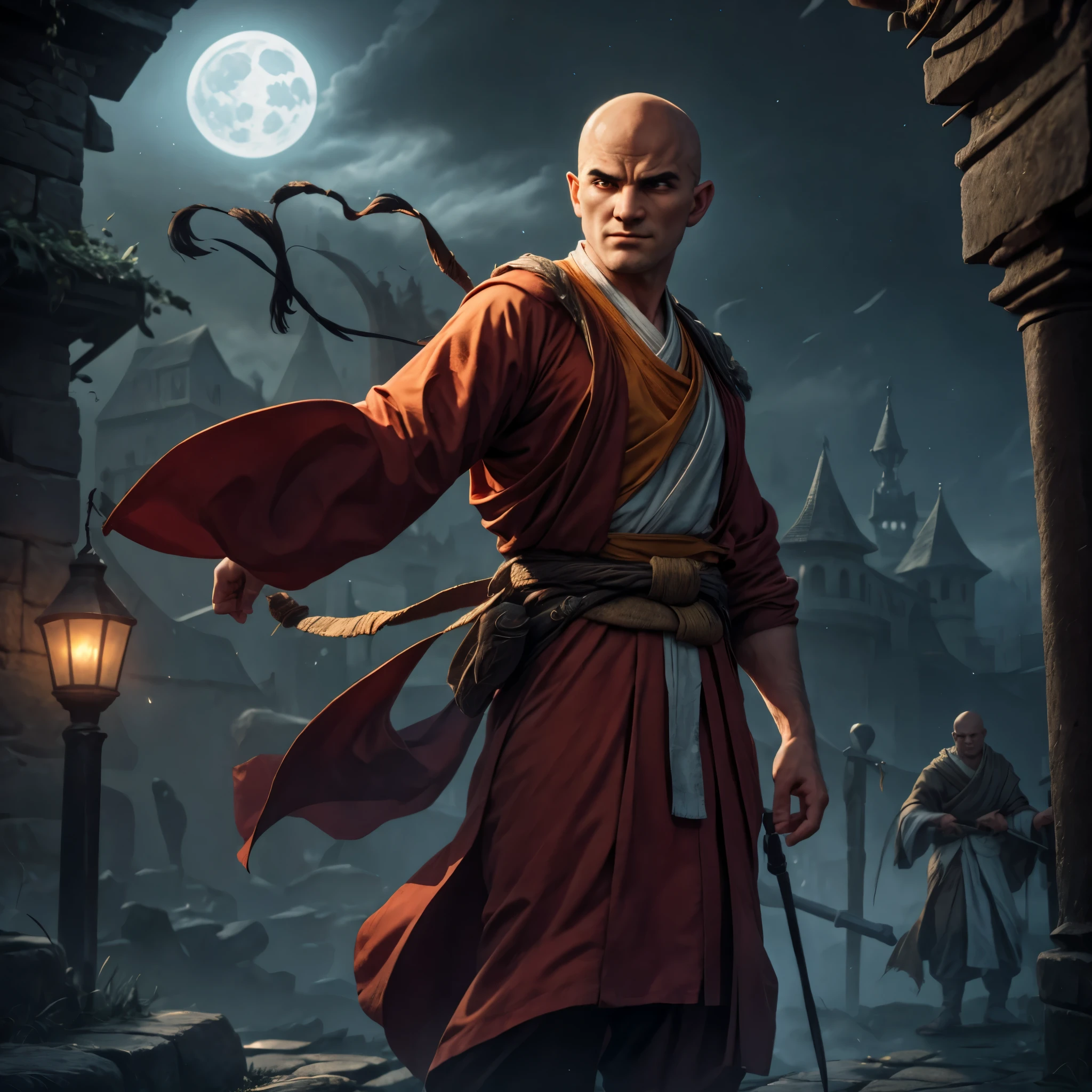 In this prompt, we have a detailed description of a scene featuring a young bald monk fighting the undead in a village at night. The prompt contains information about the character's appearance, outfit, energy, and the overall atmosphere of the scene.

A bald monk, aged 25, stands at the center of the focal point, with a strong athletic build. His European features portray determination and resilience. He is dressed in a white fighting gi with platinum trim, emphasizing purity and elegance. The fabric of the gi flows gracefully and reflects the moonlight, adding a sense of ethereal beauty to the scene.

Surrounding the monk, holy energy with a dragon motif swirls around him. The energy signifies his divine abilities and acts as both a source of light and a weapon against the undead. The swirling energy creates dynamic patterns, enhancing the monk's movements and bringing a sense of power and mysticism to the scene.

The scene takes place in a village at night, shrouded in darkness and mystery. The moonlight casts long shadows, illuminating the cobblestone streets and the ancient buildings that line them. The village exudes an eerie atmosphere, with flickering lanterns and distant sounds of battle echoing through the air. The night sky is filled with ominous clouds, hinting at the impending danger.

To ensure the best quality and high resolution, the prompt begins with "(best quality, 4k, 8k, highres, masterpiece:1.2), ultra-detailed, (realistic, photorealistic, photo-realistic:1.37)". This indicates that we want the generated image to be of the highest quality, with an emphasis on realistic details. Other tags like HDR, UHD, and studio lighting further enhance the visual fidelity and overall appeal of the image.

The art style for this prompt leans towards a realism with a touch of fantasy. The focus is on capturing the essence of the scene and the character's emotions, rather than traditional portrait or landscape styles. The colors should evoke a sense of mystery and danger, with a dark and moody color palette dominated by deep blues, purples, and hints of fiery orange from the holy energy.

Lastly, the scene should be bathed in atmospheric lighting. The moonlight casts a soft, silvery glow, highlighting the monk's features and creating dramatic contrasts between light and shadow. The flickering lanterns in the village emit warm, golden light, adding depth and warmth to the overall composition.

Overall, this prompt aims to create a visually striking and immersive image of a young bald monk battling the undead in a mysterious village at night.