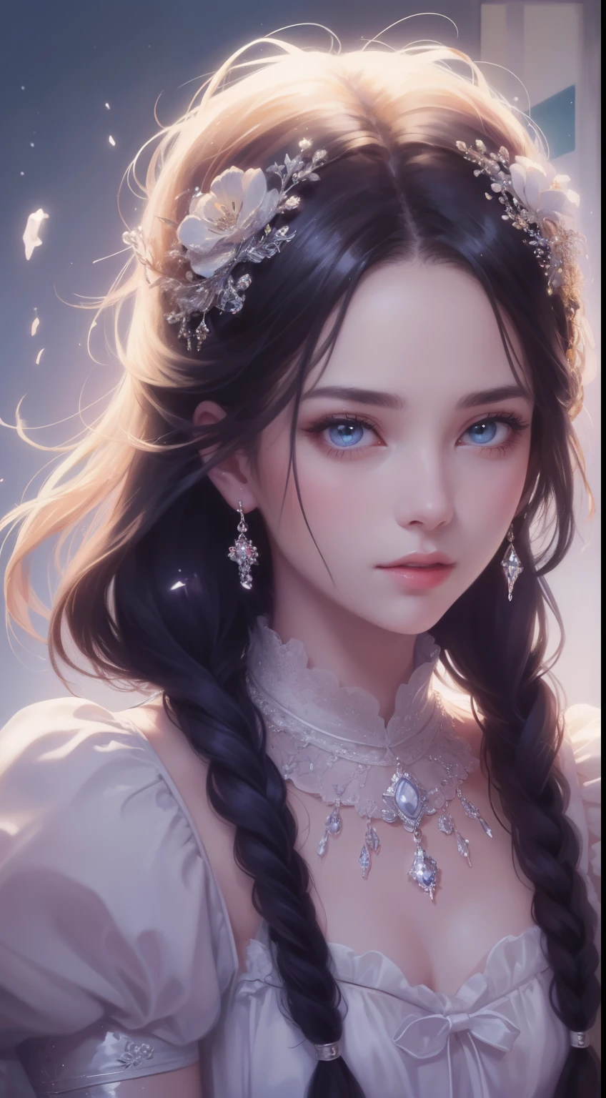 (best quality,masterpiece:1.2),18-year-old noble girl's beautiful portrait,classic braided hair,bright and clear eyes,flower arrangement craft,crystal jewelry,ultra-fine details,soft lighting,portrait style,vibrant colors