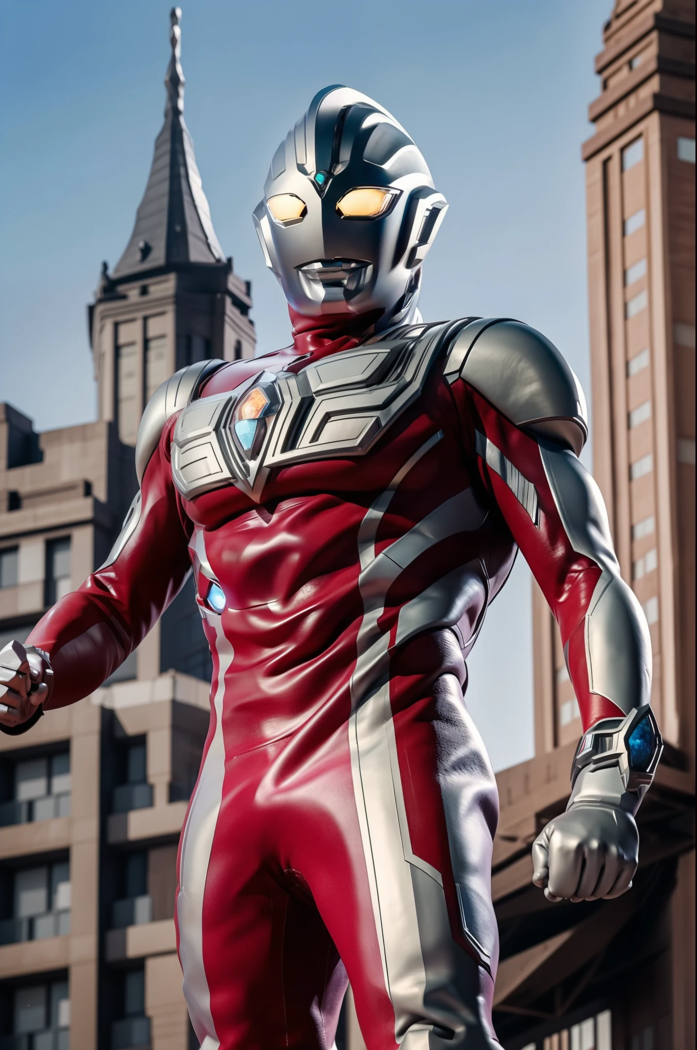 (masterpiece, best quality), 1giant man, full body, from below, ultraman, fire effect, shiniy skin, (buring urban city), fighting pose, dynamic angle, dynamic effect 