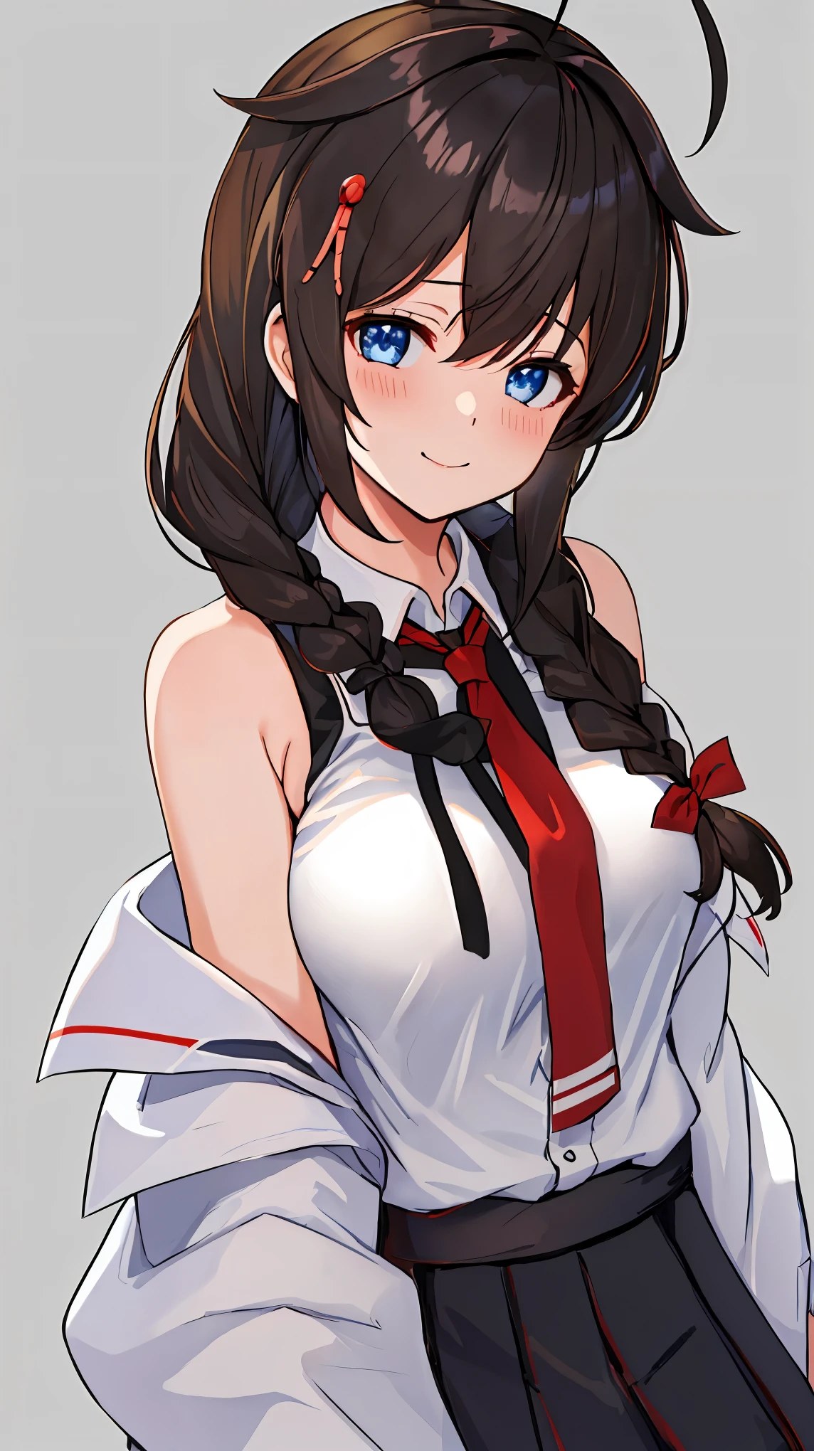 best quality, masterpiece, highres, solo, {shigure_kantaicollection:1.15}, long_hair, blue_eyes, ahoge, hair_flaps, braid, single_braid, hair_ornament, brown_hair, blush, black_hair, smile, hair_between_eyes, breasts, 1girl, hair_over_shoulder, looking_at_viewer, official_alternate_costume, red_ribbon, ribbon, shirt, simple_background, sleeveless, sleeveless_shirt, bare_shoulders, black_shirt, off-shoulder_shirt, off_shoulder, turtleneck, upper_body, bangs, hair_ribbon, long_sleeves, neck_ribbon, closed_mouth, grey_background