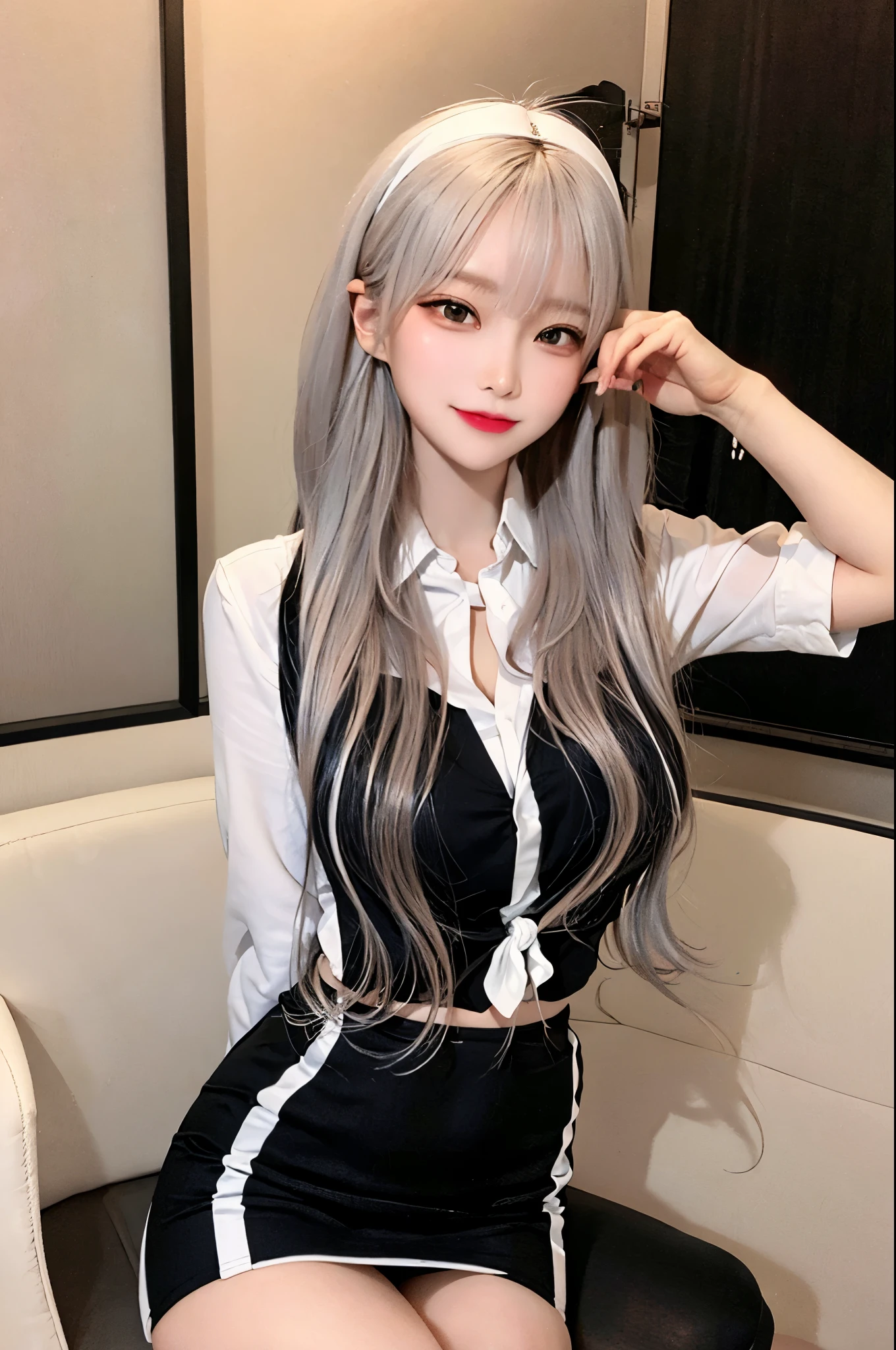 black and white gradient hair, long hair, Overfit dress shirt, tie pencil skirt, 17-year-old female,masterpiece,high quality, light skin, Brightly shining hair, {skinny}, medium breats, masterpiece, cute girl, Distinct image, full bangs, cute,lolita,skinny stomach,The background is school, Bring your thighs together, space between legs, posture of sitting on a chair,(:1.3),narrow waist,leg focus,,looking for viewer,Seductive thighs,dark double eyelids, Aegyo-sal under dark eyes,seductive smile,skin tight,nipples,kpop idols, aegyo sal, seductive smile,Put both hands on your head, ribbon headdress,wide pelvis, dry pear