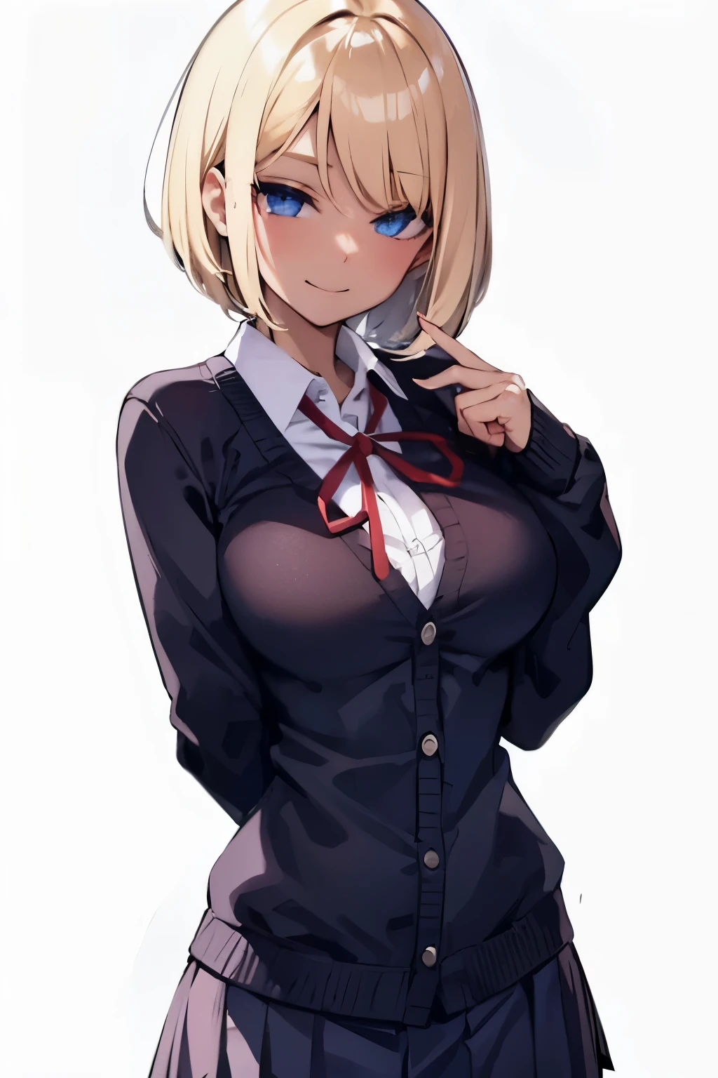 naughty smile:1.6), I
Break,From side, standing, solo, Upper body
,BREAK,gal,1Girl, jitome, blue eyes, hair over one eye, large breasts
 BREAK, blonde hair, bob cut
BREAK ,School Uniforms,sleeves past wrists,  check skirt , black  cardigan is fit body,inner wear is white collared-shirt, unbuttoned, BREAK, uniform red ribbon,