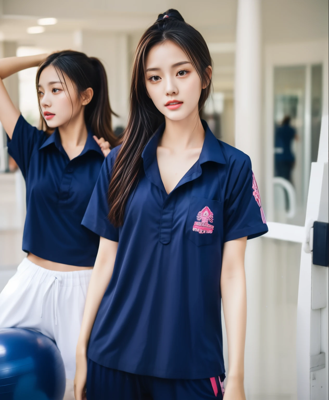 3 girls in fitness center, Navy blue short-sleeved shirt,Navy Long Trackpant,Sweatpants, Sweatpantsขายาว,25 year old girl, lesbian, sexy, exercise clothes, wet body, exercise clothes
