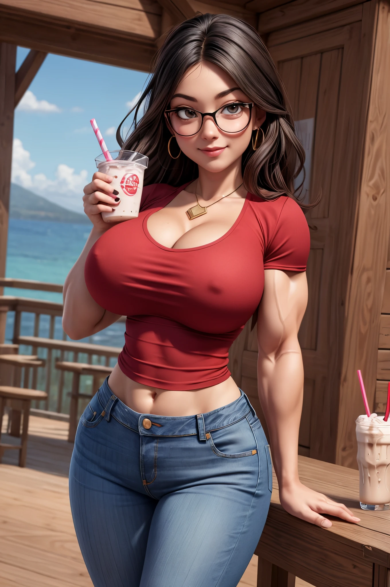 (8k, RAW photo, best quality, masterpiece:1.2), (intricate details), perfect eyes, perfect face, perfect lighting, beautiful, (masterpiece:1.2), (best quality:1.2), 1girl, solo, alya, glasses, brown eyes, happy face, beauty spot, adult torso, ((((massive H cup breasts)))), wide hips, extreme hourglass figure, Tall, long torso, ((((huge muscles)))), (jeans, red t-shirt), holding a milkshake, cowboy shot, 3DMM