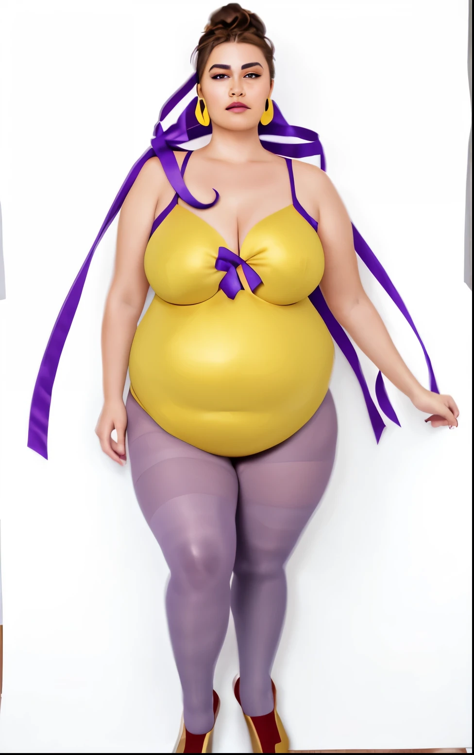 realistic style, photograph quality, full figured, curvy, overweight, plus size, fat, bbw, asian, Japanese, woman, middle aged, silk lavender stockings, latex yellow leotard with silk violet trim, hourglass keyhole opening around breast and belly button area in violet trim, pale skin, violet nipple pasties over leotard, big breasts, thick thighs, braided purple hair, red hair bow, purple eyebrows, baby blue eye shadow, long red hair tie, curly gold earrings, fupa, felt purple heels, cankles, hanging belly, red lipstick. soft features, posing seductively in front of white background, full body, frilly collar, proportional face