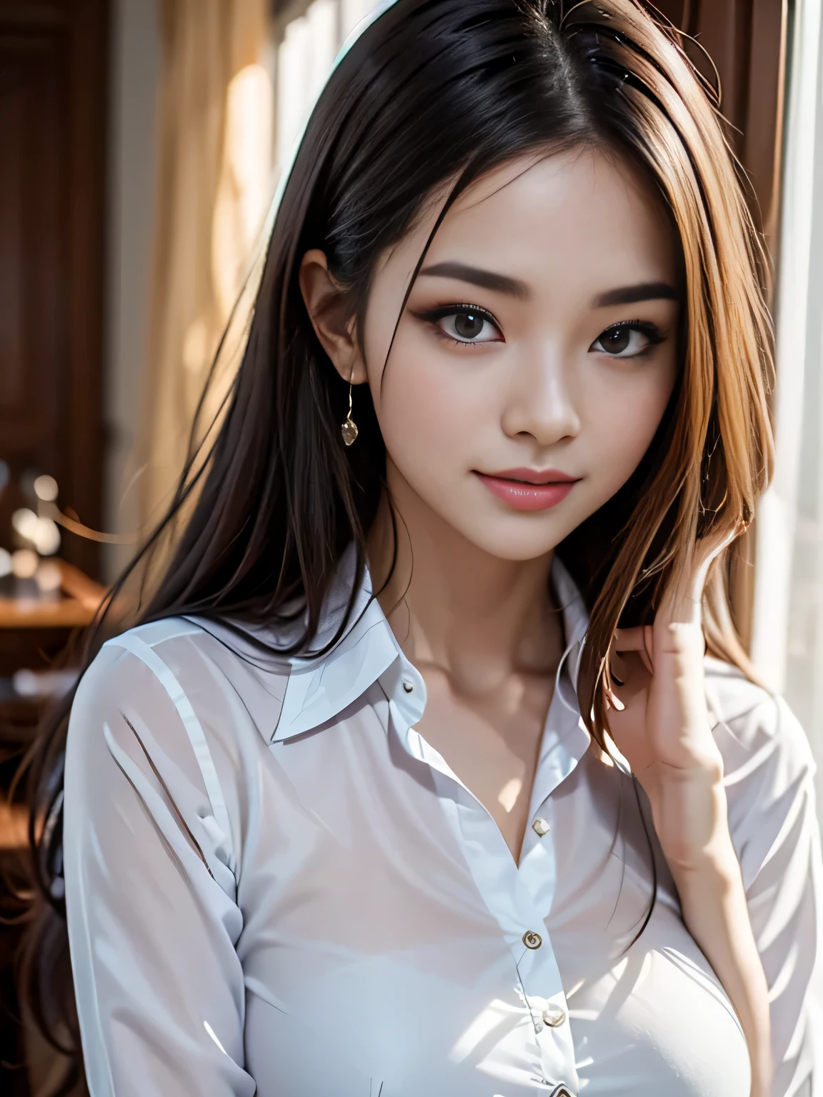 super small breasts、wearing a large white blouse、ultra high resolution、super high quality、8K、Detailed details、marvelous expression、1 female、tall slender woman、Super Smile、long curly black hair、luxurious hair ornament、Upper body view、Scenery from a luxury hotel room、