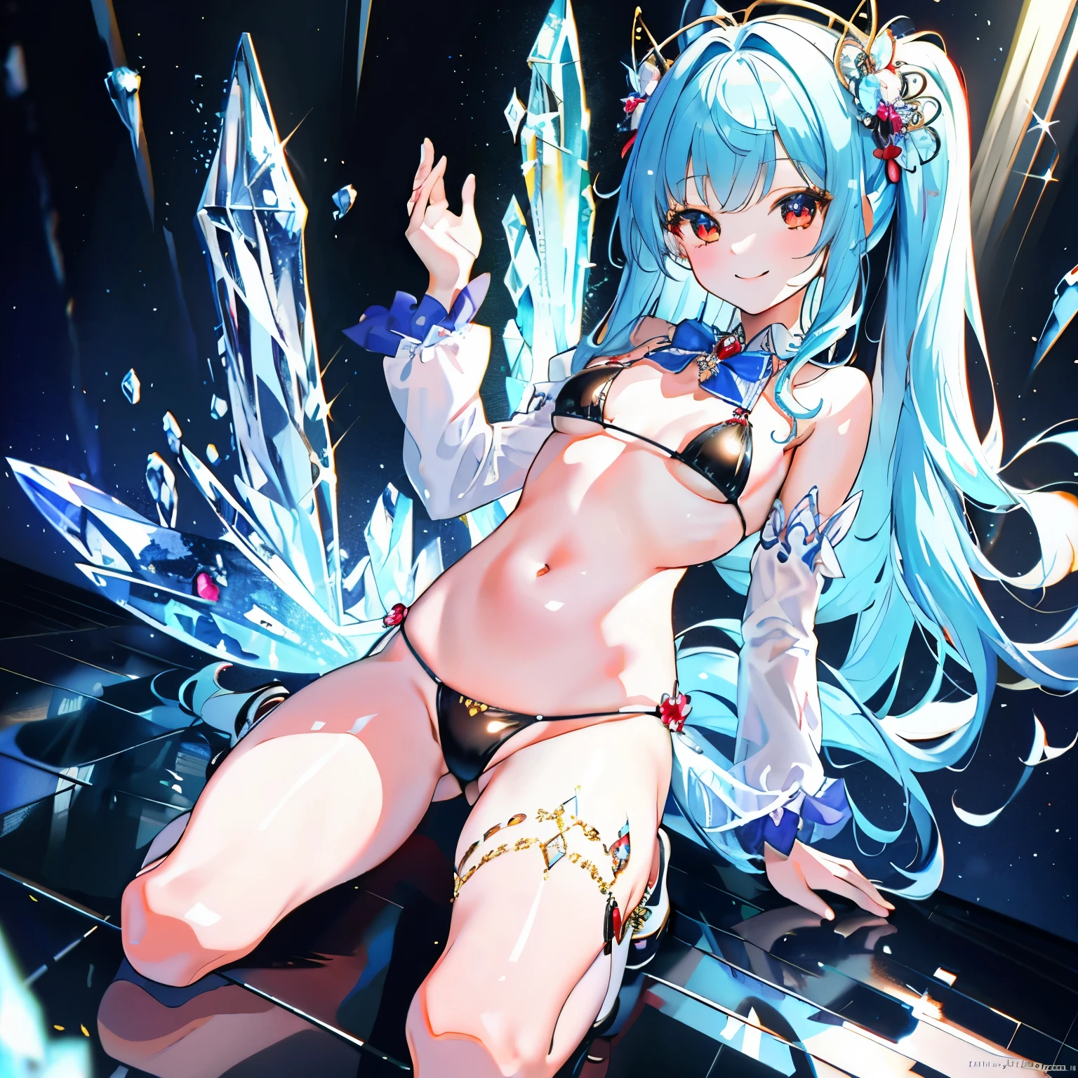 Top Quality, Masterpiece, High Definition, Very Detailed, 8k, One Girl, Cute, Anime, Crystal Clear White Skin, Sensual, Full Body, 2nd Grade of Junior High School, , Beautiful Cute, Bow on Head, Too Many Hair Ornaments, Cute Micro Bikini Style, Crazy Worldview, Bloody, Eyes Glowing Suspiciously Red, Fairyland, Back road, crazy smile, hand on crotch, inviting, perfect anatomy, beautiful hands