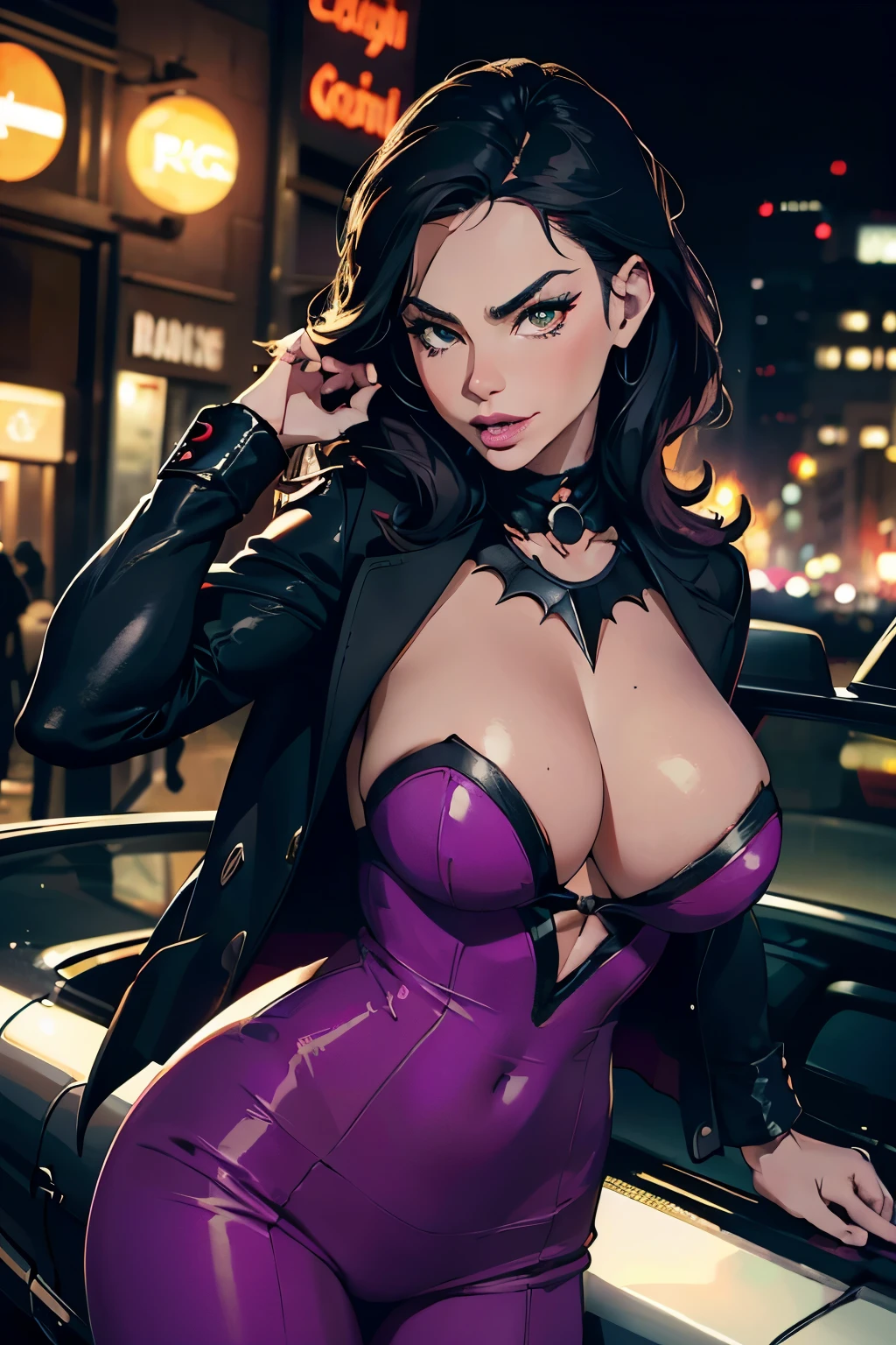 best quality,4k,8k,highres,masterpiece:1.2),ultra-detailed,(realistic,photorealistic,photo-realistic:1.37),Sofía Vergara,sexy 1966-1968 Joker cosplay,cosplay,weapon,robbing bank,Gotham City,night,cityscape,bank,crime,bat symbol,villain,bold colors,Joker makeup,fierce expression,criminal mastermind,HDR,UHD,studio lighting,ultra-fine painting,sharp focus,physically-based rendering,extreme detail description,professional,vivid colors,bokeh,colorful lights,menacing presence