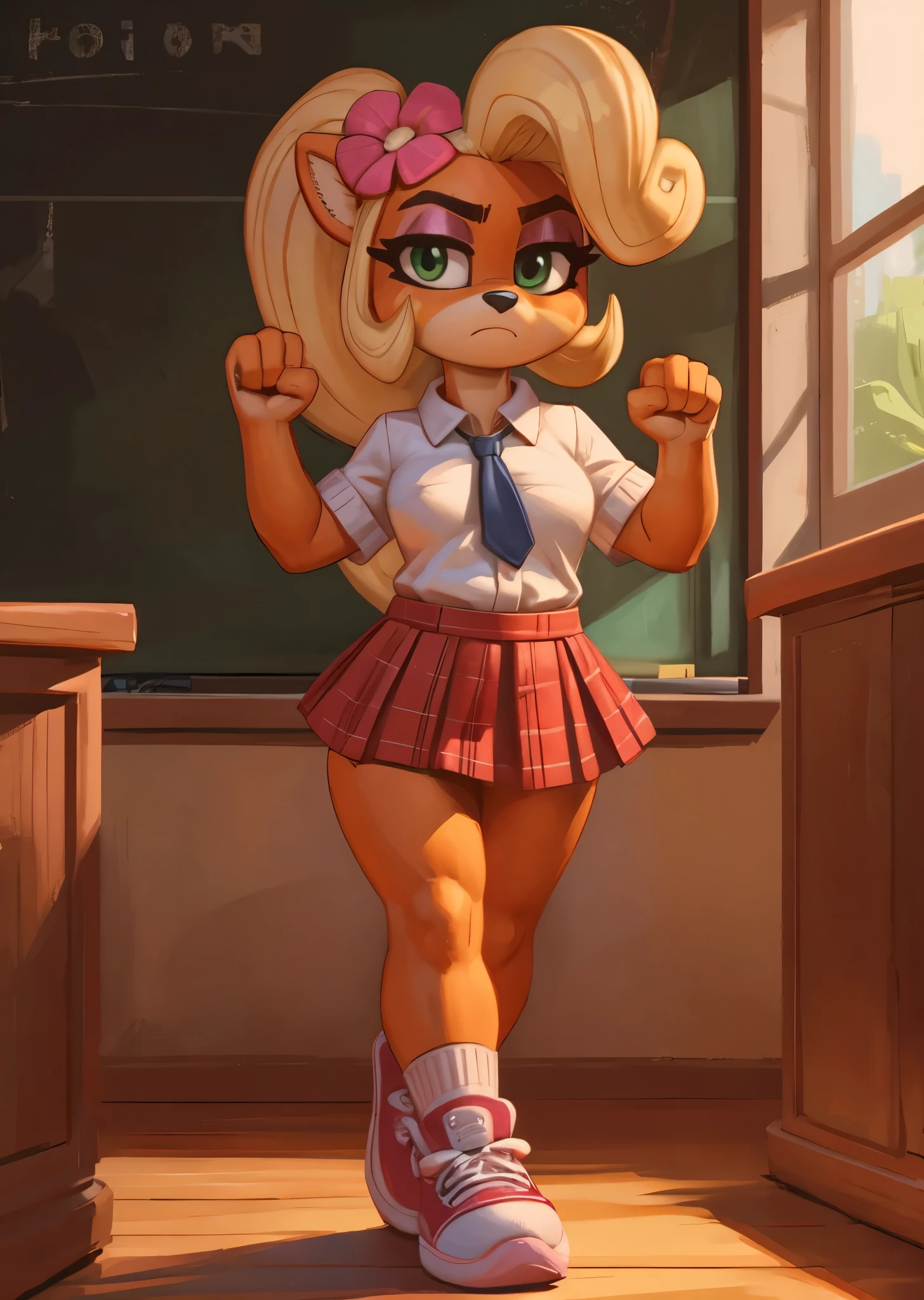 [Coco bandicoot], [Uploaded to e621.net; (Pixelsketcher), (wamudraws)}, ((masterpiece)), ((HD)), ((high res)), ((solo portrait)), ((full body)), ((front view)), ((feet visible)),  ((furry; anthro)), ((detailed fur)), ((detailed shading)), ((beautiful render art)), ((intricate details)), {anthro; orange fur, black nose, (cute green eyes), (half-closed eyes), (short eyelashes), (pink eyeshadow), blonde curly hair, curly ponytail, (curvy hips), (beautiful legs), (blushing), (cute frown), (annoyed expression)}, {(white button-up shirt). (pink neck tie), (short plaid red skirt), (white socks), (pink sneakers), (pink flower in hair)}, {(standing), (paw pose), (crossed legs), (looking at viewer)}, [background; (school), (classroom), (blinds on window), (blue sky), (sun rays), (ambient lighting)]