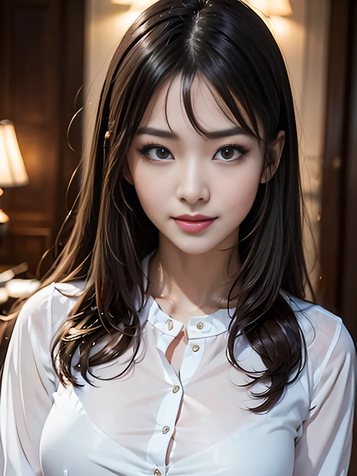 super small breasts、wearing a large white blouse、ultra high resolution、super high quality、8K、Detailed details、marvelous expression、1 female、tall slender woman、Super Smile、long curly black hair、luxurious hair ornament、full body figure、Scenery from a luxury hotel room、