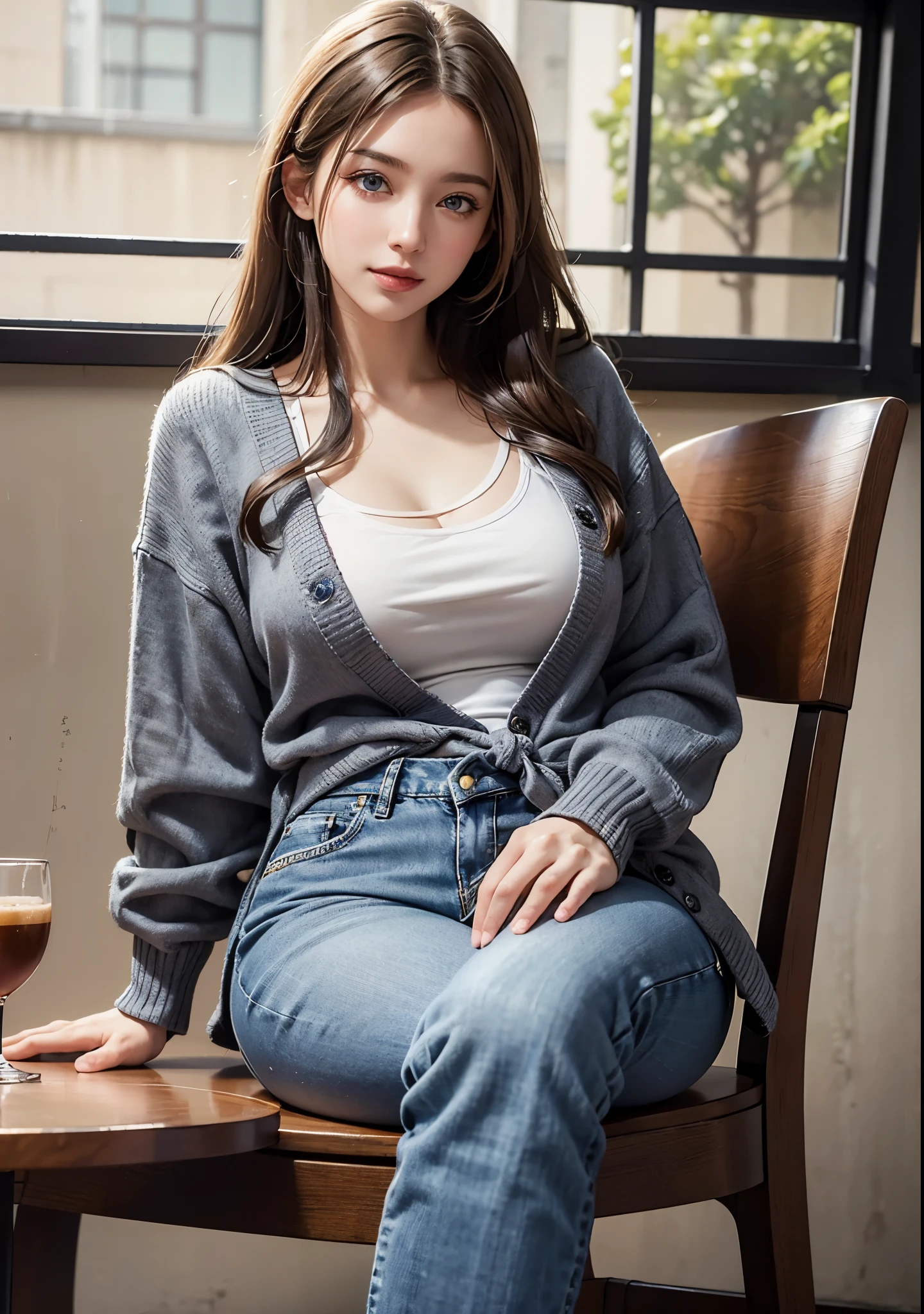 ((Close-up))、(1 girl)、(20th generation)、(Half European)、(view view)、(best smile)、(cardigan、denim pants、high heels)、(blue eyes)、(long hair)、(gray hair)、(8K, Best Quality, Masterpiece: 1,3), (Realistic, Photorealistic: 1.4), perfect body、Volume Lighting、high quality shadows、highly detailed face、award-winning、 evening、coffee shop with large windows、sitting in a chair、