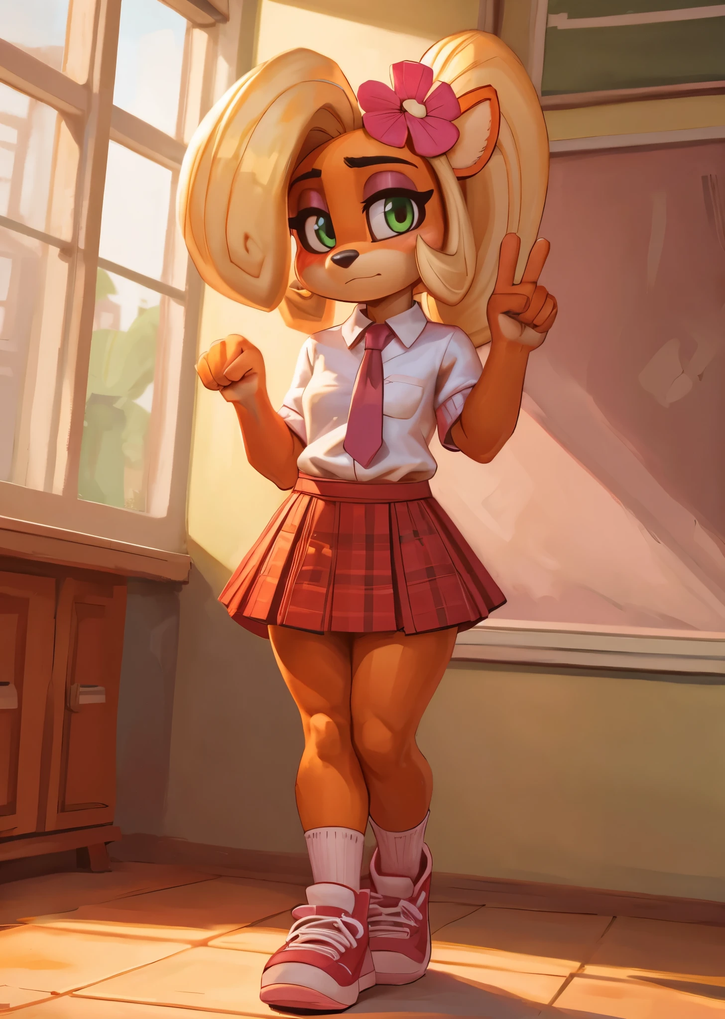 [Coco bandicoot], [Uploaded to e621.net; (Pixelsketcher), (wamudraws)}, ((masterpiece)), ((HD)), ((high res)), ((solo portrait)), ((full body)), ((front view)), ((feet visible)),  ((furry; anthro)), ((detailed fur)), ((detailed shading)), ((beautiful render art)), ((intricate details)), {anthro; orange fur, black nose, (cute green eyes), (half-closed eyes), (short eyelashes), (pink eyeshadow), blonde curly hair, curly ponytail, (curvy hips), (beautiful legs), (blushing), (cute frown), (nervous expression), (embarrassed expression)}, {(white button-up shirt). (pink neck tie), (short plaid red skirt), (white socks), (pink sneakers), (pink flower in hair)}, {(standing), (nervous stance), (paw pose), (looking at viewer)}, [background; (school), (classroom), (blinds on window), (blue sky), (sun rays), (ambient lighting)]