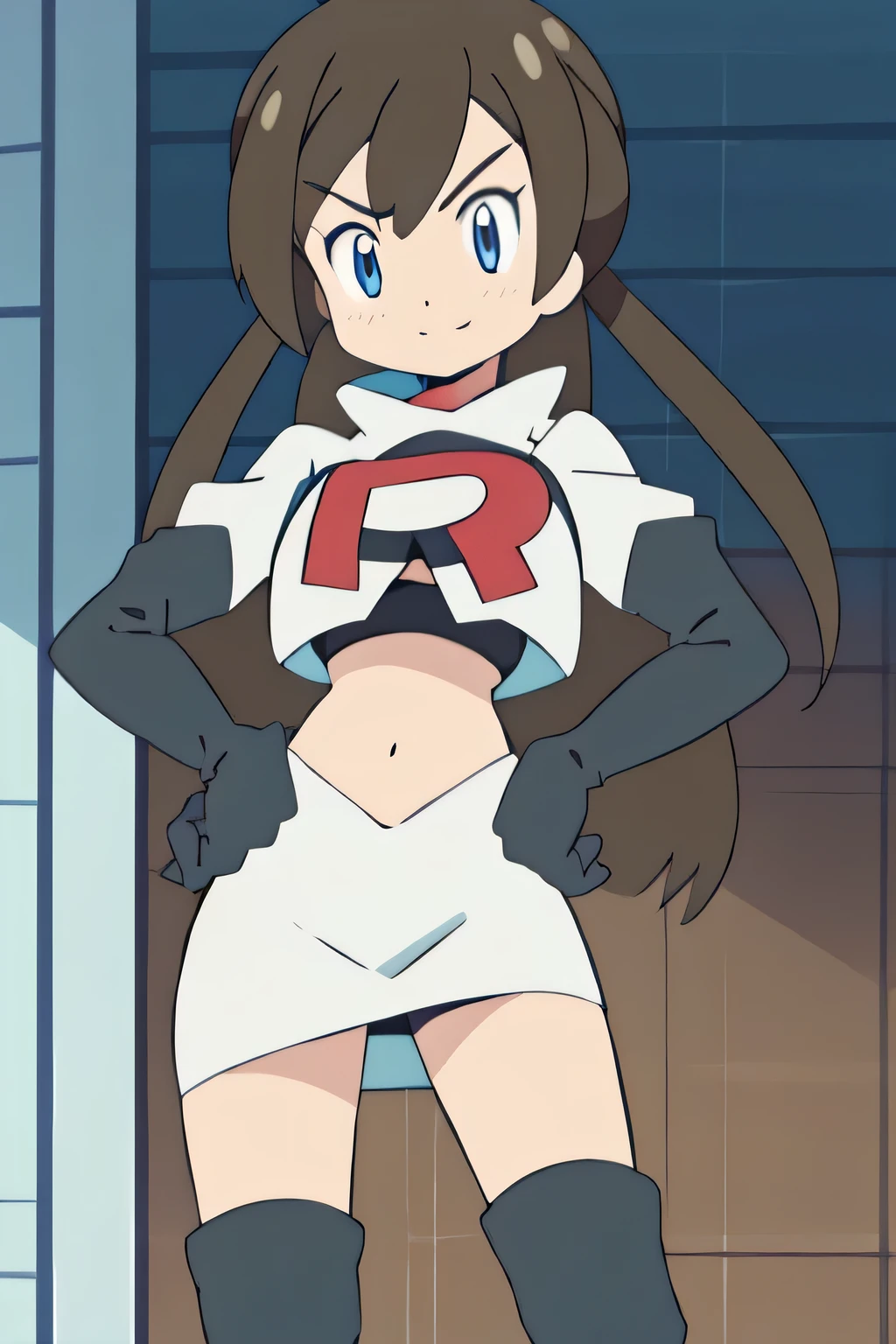 8k, anime screencap,1girl in, (solo:1.2), (perfect body:1.1), (best quality:1.1), very large breast, team rocket uniform, red letter r, white skirt,white crop top,black thigh-high boots, black elbow gloves, evil smile, looking down at viewer, hands on hips,zettai ryouiki,