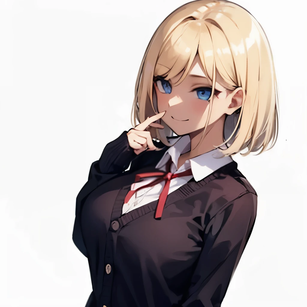 (naughty smile:1.2),
Break,From side, standing, solo, Upper body
,BREAK,gal,1Girl, jitome, blue eyes, hair over one eye, large breasts
BREAK, blonde hair, bob cut
BREAK ,School Uniforms,sleeves past wrists, check skirt , black cardigan is fit body,inner wear is white collared-shirt, unbuttoned, BREAK, uniform red ribbon,