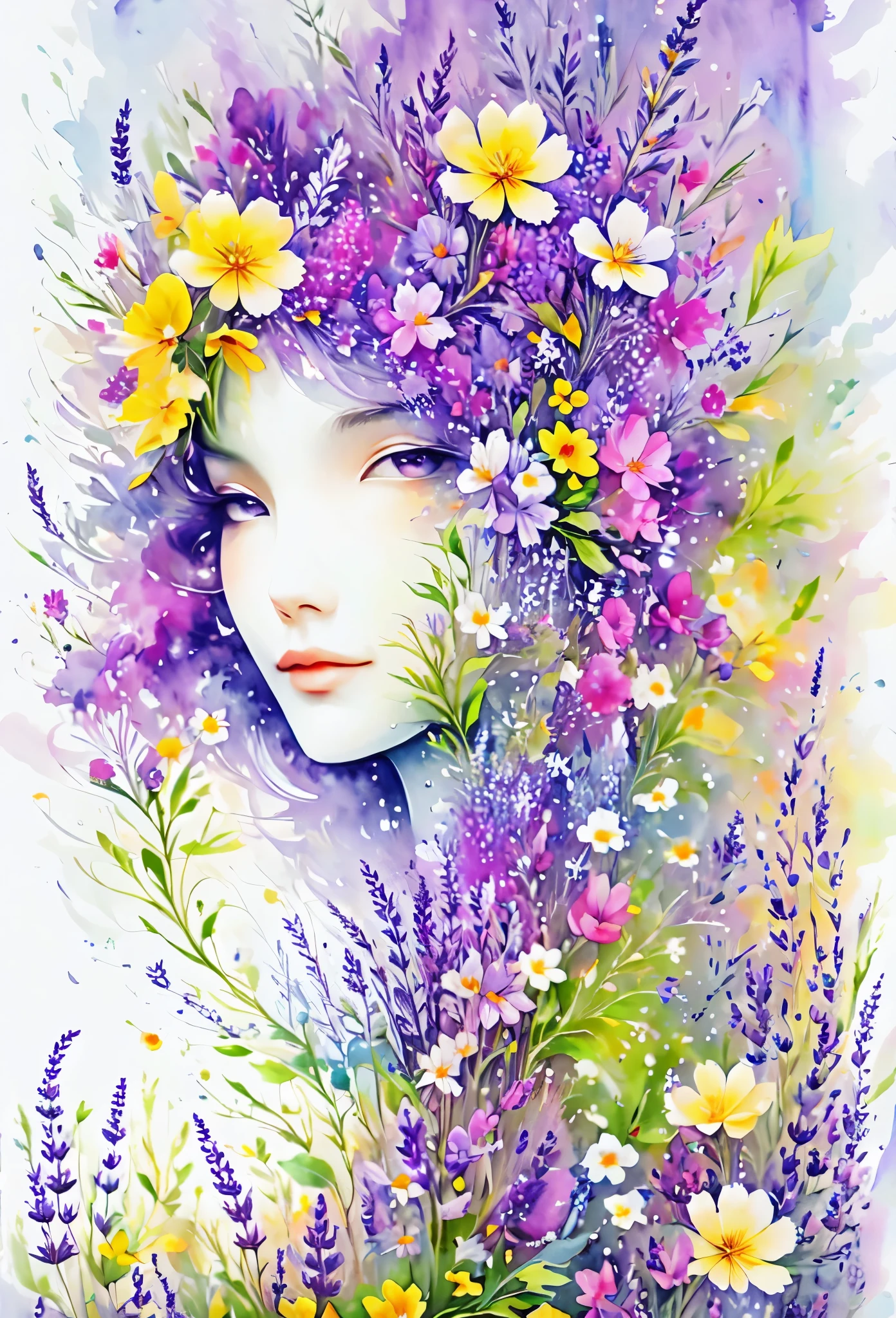 (masterpiece, best quality:1.2), Watercolor flower paintings present a delicate and refreshing visual effect. Wildflowers and lavender fields,The perfect combination of nature and romance. The screen is dominated by a white background, Highlight isolated watercolor flower. Splash technology recreates humid environments, Create a vague and dreamy atmosphere. The unique composition and abstract expression add an artistic touch to the picture, Contains elements of surrealism. The overall color tone is mainly light colors, Light purple and green complement each other, Show high-resolution details. The splash effect adds a sense of agility to the image, The light colors give the flowers a deep and restrained beauty.