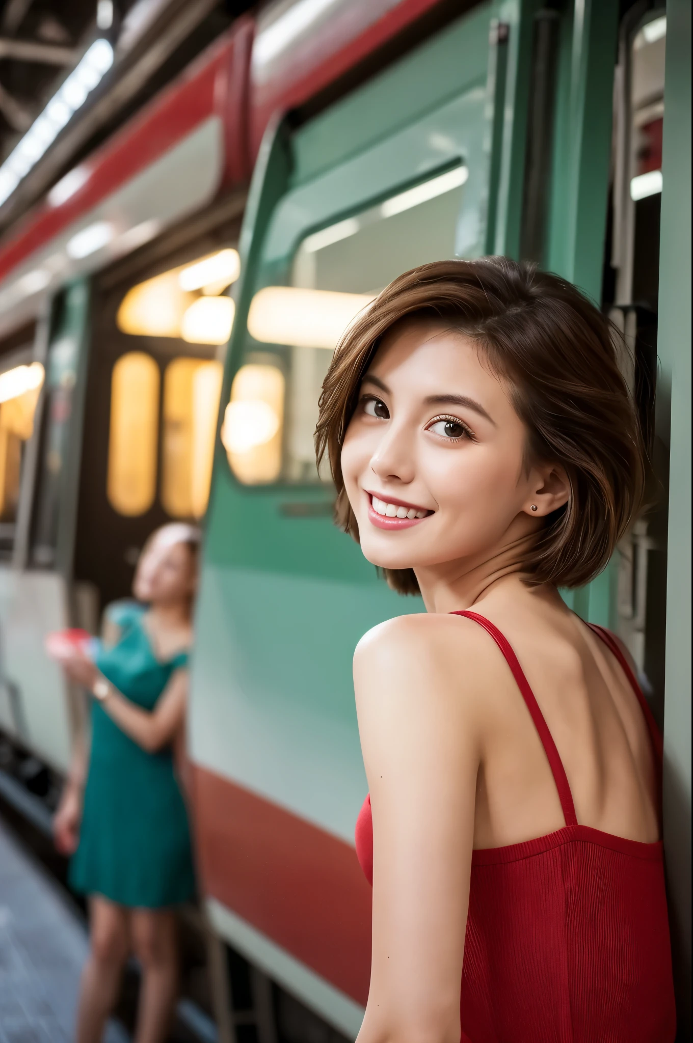 (8K, RAW photography, top-quality, masterpiece:1.2), (hentail realism, Photorealsitic:1.37), ultra - detailed, Super high resolution, 1 rapariga, see the beholder, beautifull detailed face, A smile, shrinks, (Very thin waist) :1.3), short cut hair, beautiful detailed skin, Skin texture, Floating hair, Professional lighting, Wait for the platform train, Black-framed square mirror, full bodyesbian, Brown hair