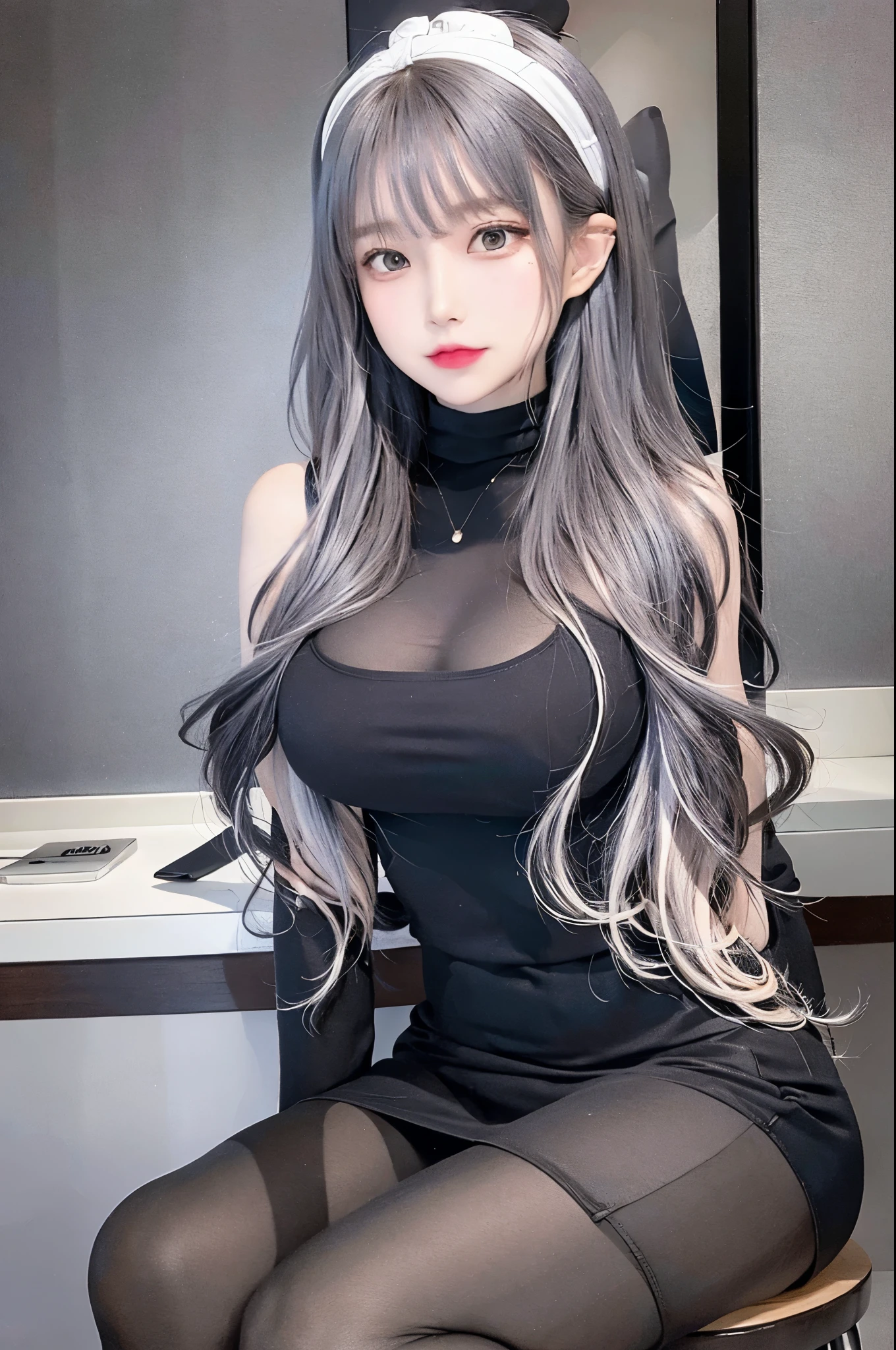 Black and white two-tone hair, long hair, Off-the-shoulder dresses, Pencil skirt, 17-year-old female,masterpiece,high quality, light skin, Brightly shining hair, {skinny}, medium breats, masterpiece, cute girl, Distinct image, full bangs, cute,skinny stomach, Bring your thighs together, space between legs, posture of sitting on a chair,(:1.3),narrow waist,leg focus,,looking for viewer,Seductive thighs,dark double eyelids, Aegyo-sal under dark eyes,seductive smile,skin tight,nipples,kpop idols, aegyo sal, seductive smile, ribbon headdress,wide pelvis, dry pear,take off your clothes,exposing cleavage, exposed pelvis
