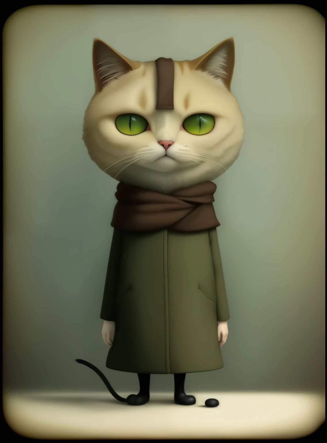 There is a cat wearing a coat and scarf, Anton Semenov, anthropomorphic cat, anthropomorphic female cat, mark ryden in the style of, Ghibli Tom Bagshaw, Mark Leiden's style, mark leiden style, mark ryden highly detailed, benjamin lacombe, artificial cat, by Van gogh